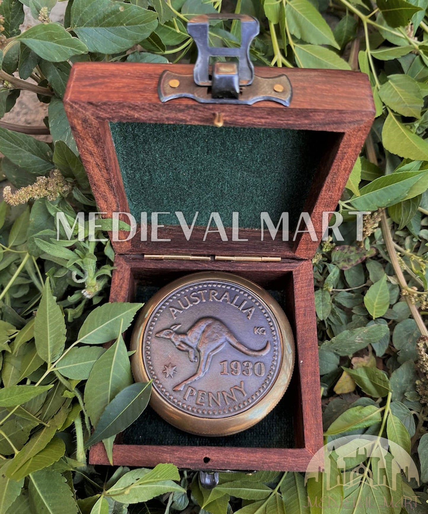 MEDIEVALMART FR Boussole Nautique Vintage Trip Gear en Laiton – Finition Or Brillant avec Base en Bois | Cadeau pour Maman