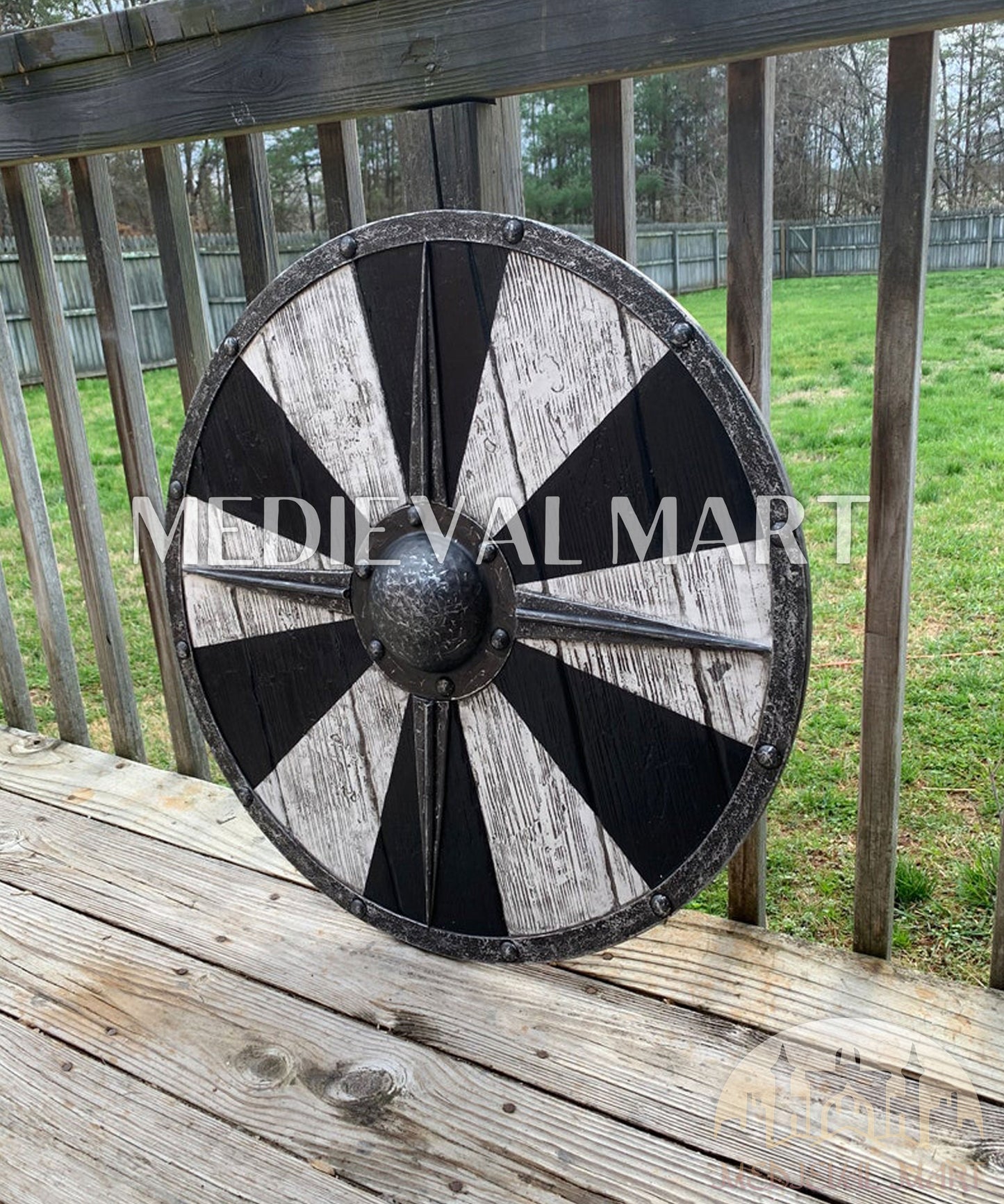 MEDIEVALMART FR Bouclier Viking Iconique Valhalla Noir/Gris – Ivar le Désossé avec Pointes en Fer | Cadeau pour Papa