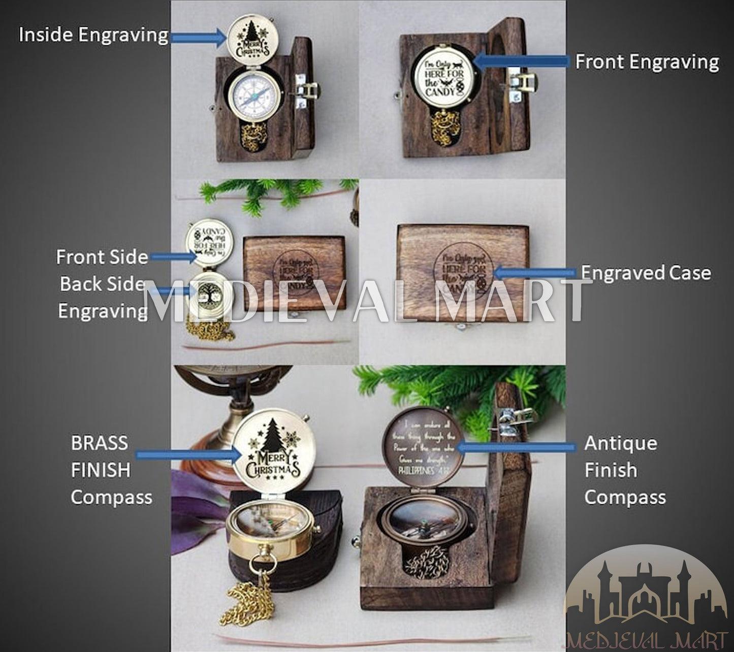 MEDIEVALMART FR Boussole Nautique Vintage Trip Gear en Laiton – Finition Or Brillant avec Base en Bois | Cadeau pour Maman