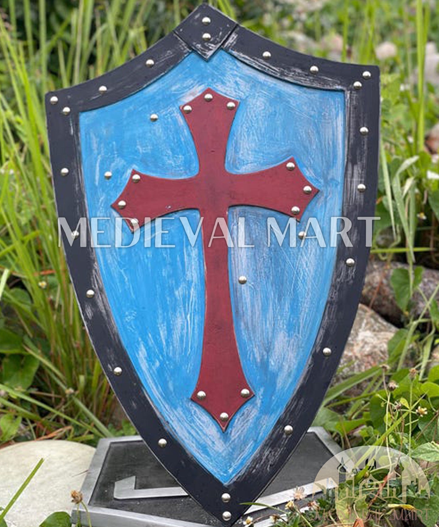 MEDIEVALMART FR Bouclier Médiéval Templier Inspiré de la Croix Zelda & Diable en Bois – Finition Bleue & Or | Cadeau pour Noël