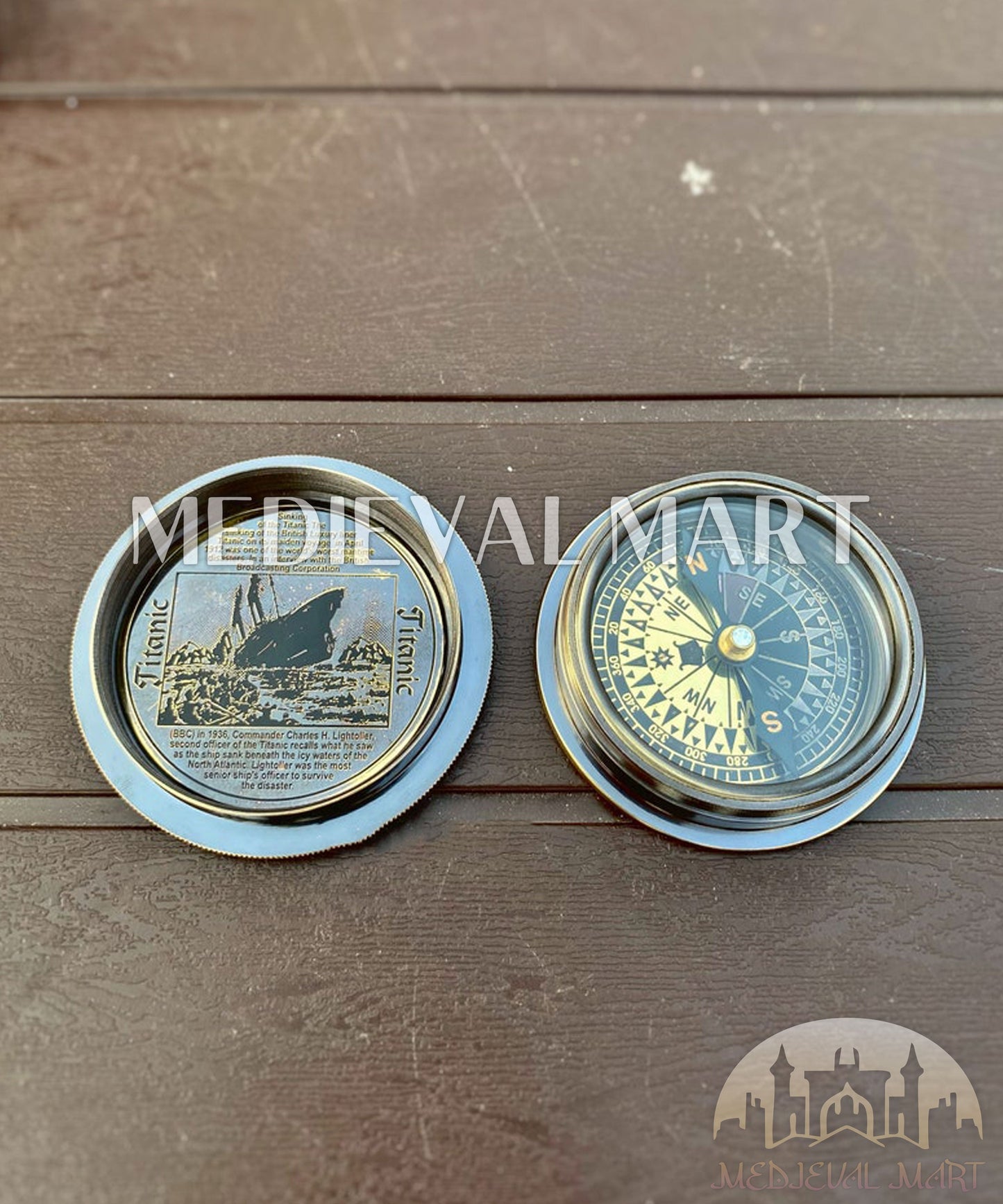 MEDIEVALMART FR Boussole Nautique Vintage Trip Gear en Laiton – Finition Or Brillant avec Base en Bois | Cadeau pour Maman