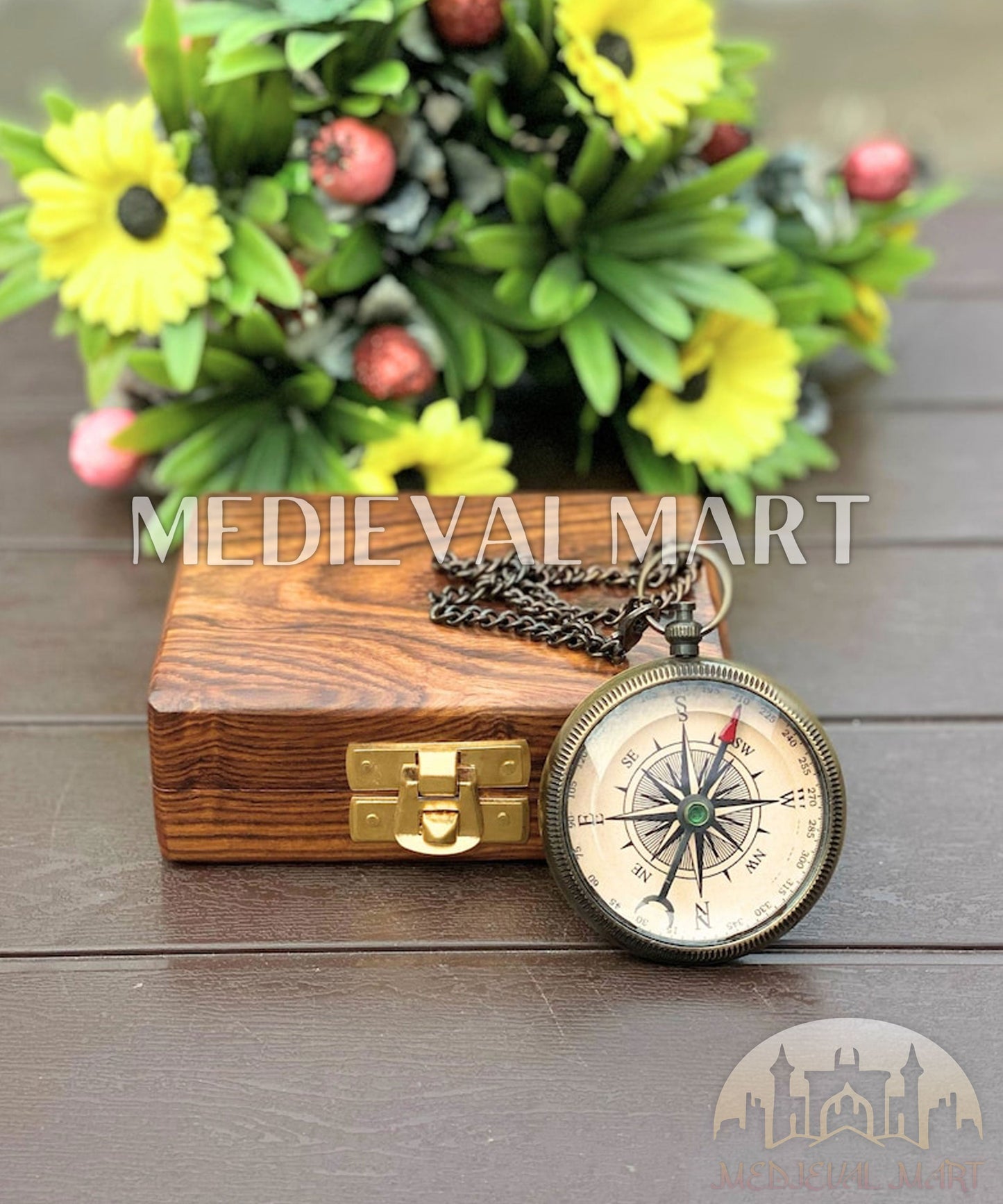 MEDIEVALMART FR Boussole Nautique Vintage Trip Gear en Laiton – Finition Or Brillant avec Base en Bois | Cadeau pour Maman