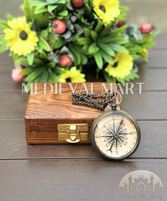 MEDIEVALMART FR Boussole Nautique Vintage Trip Gear en Laiton – Finition Or Brillant avec Base en Bois | Cadeau pour Maman