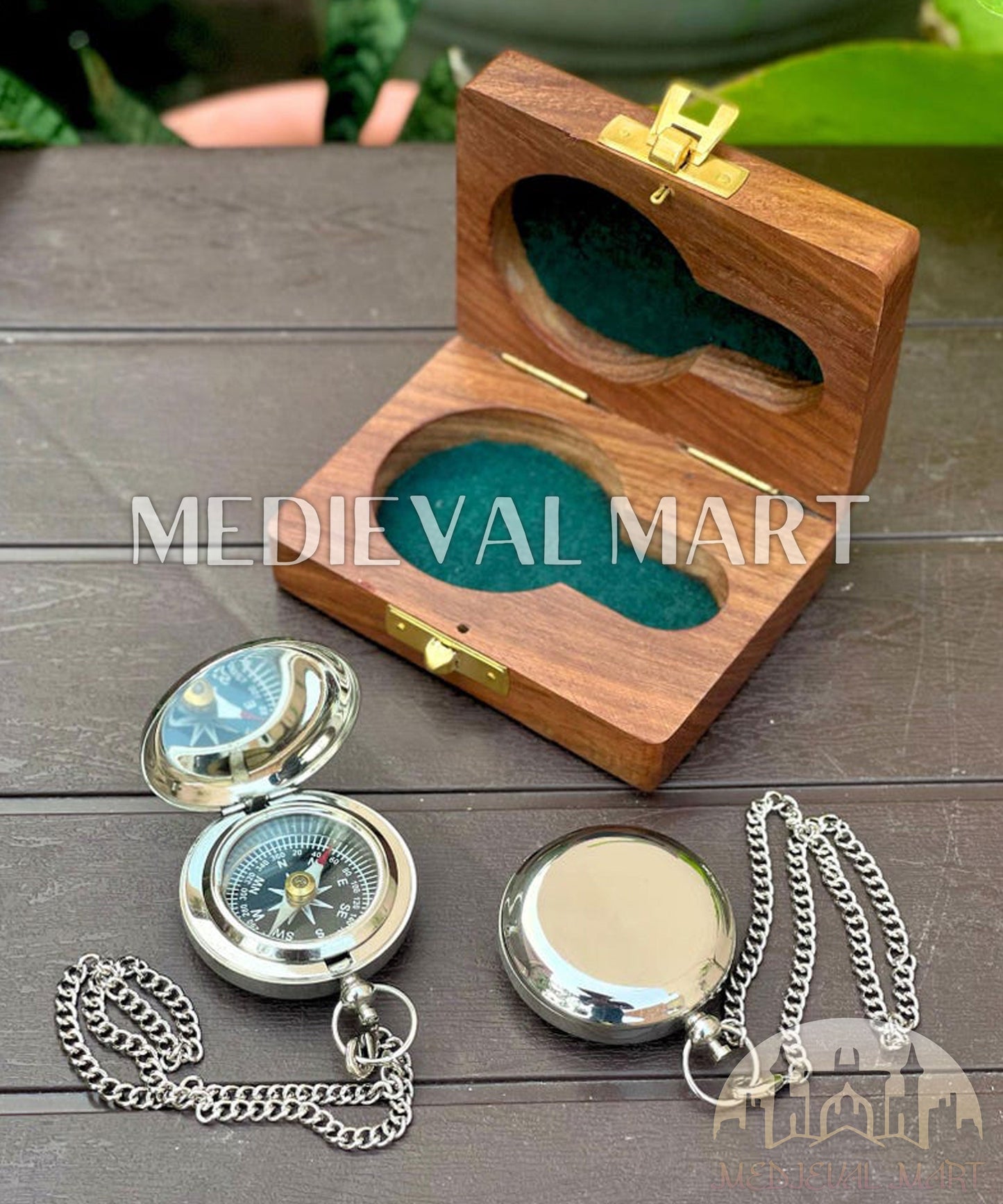 MEDIEVALMART FR Boussole Nautique Vintage Trip Gear en Laiton – Finition Or Brillant avec Base en Bois | Cadeau pour Maman