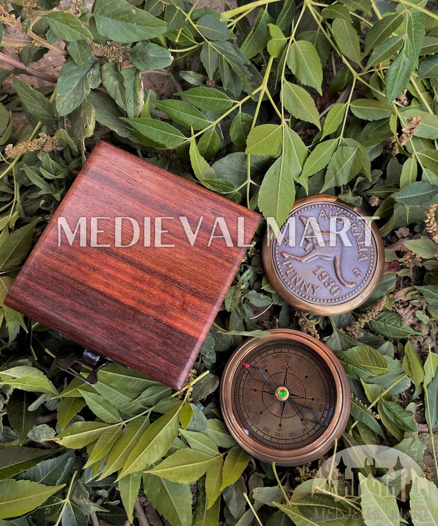 MEDIEVALMART FR Boussole Nautique Vintage Trip Gear en Laiton – Finition Or Brillant avec Base en Bois | Cadeau pour Maman