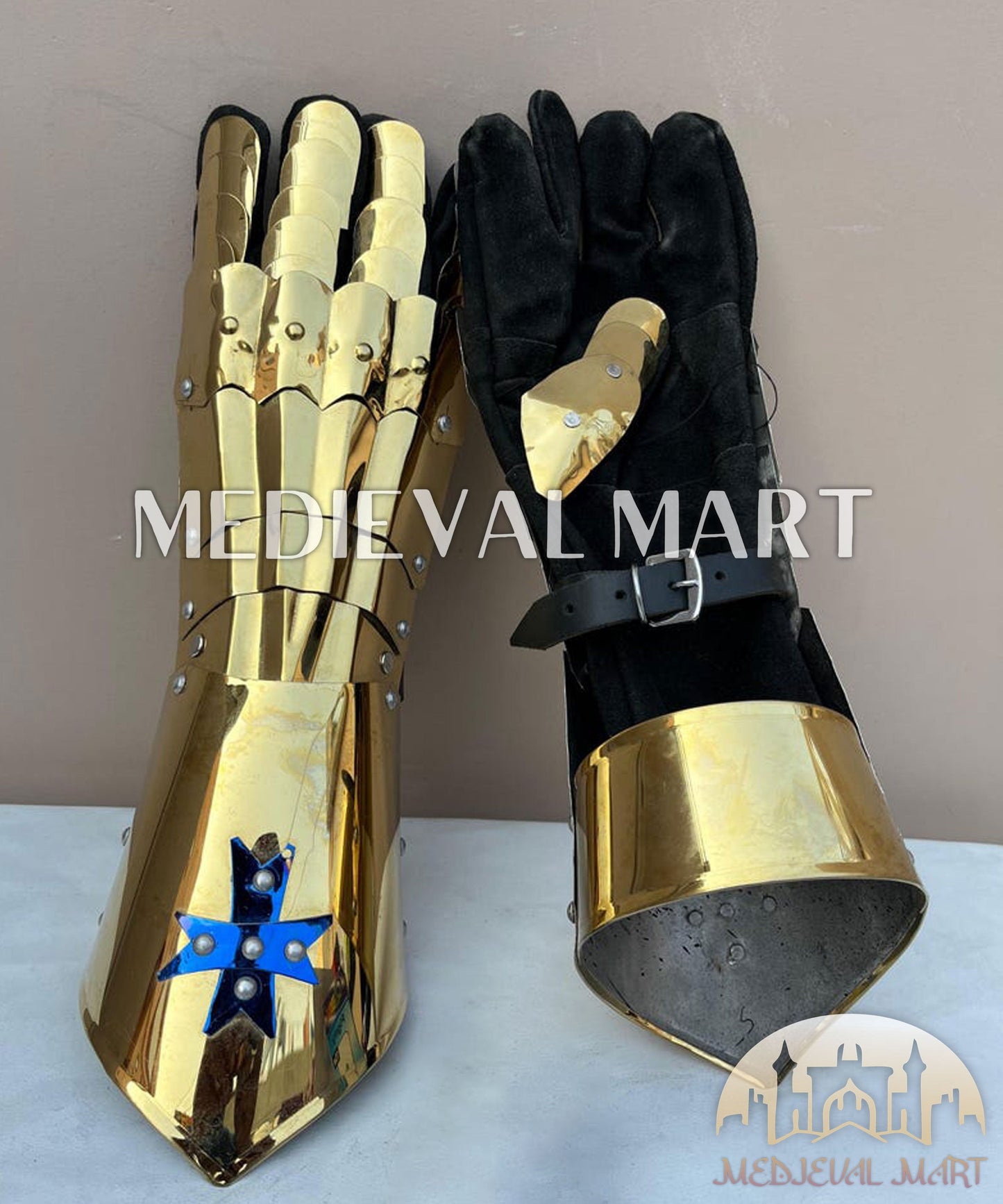 MEDIEVALMART FR Ensemble De Gantelets Dorés Inspirés De Sauron Witcher LOTR Avec Étoile Bleue – Gants D’Armure Cosplay