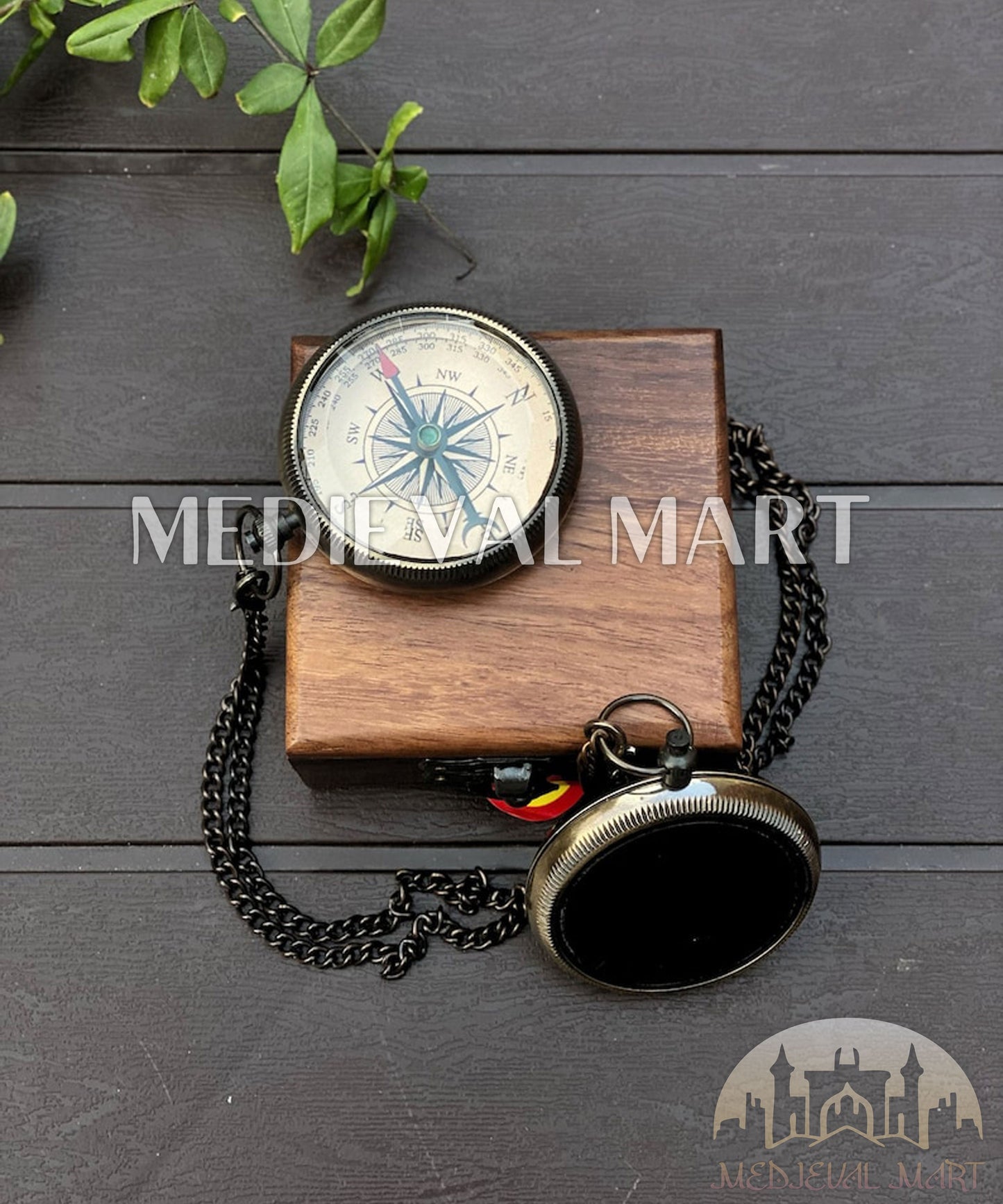 MEDIEVALMART FR Boussole Nautique Vintage Trip Gear en Laiton – Finition Or Brillant avec Base en Bois | Cadeau pour Maman