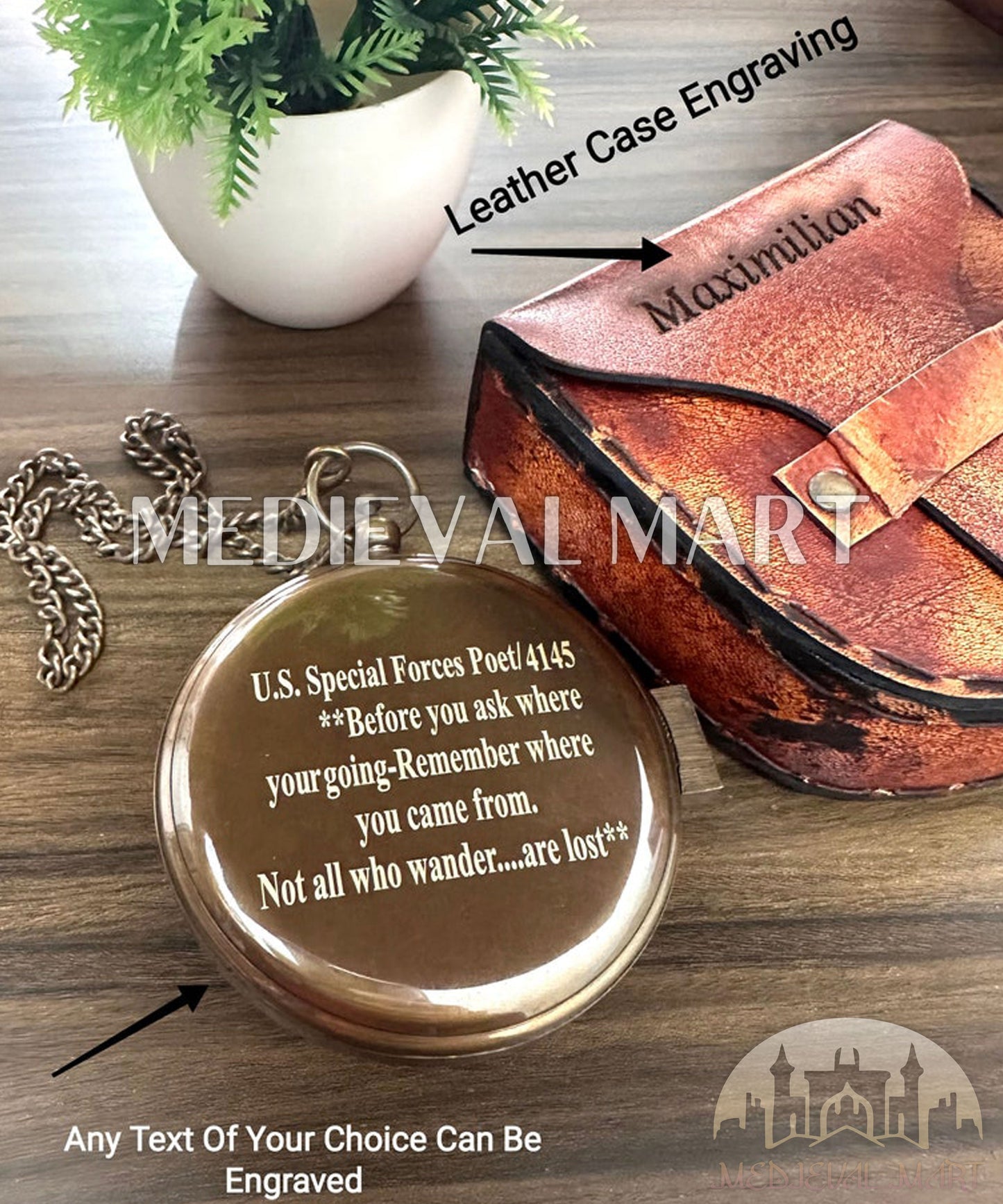 MEDIEVALMART FR Boussole Nautique Vintage Trip Gear en Laiton – Finition Or Brillant avec Base en Bois | Cadeau pour Maman