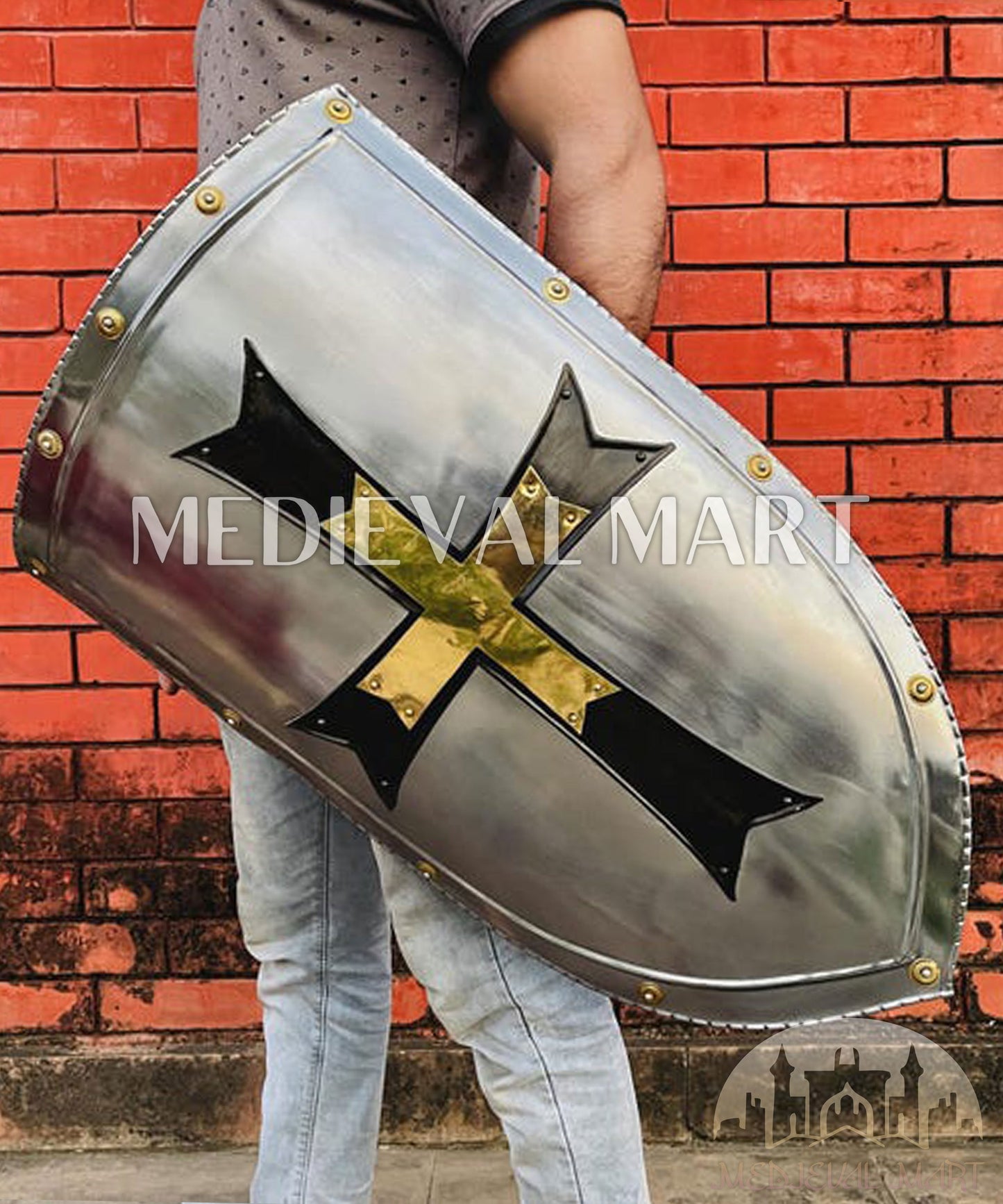 MEDIEVALMART FR Bouclier Médiéval Templier Inspiré de la Croix Zelda & Diable en Bois – Finition Bleue & Or | Cadeau pour Noël