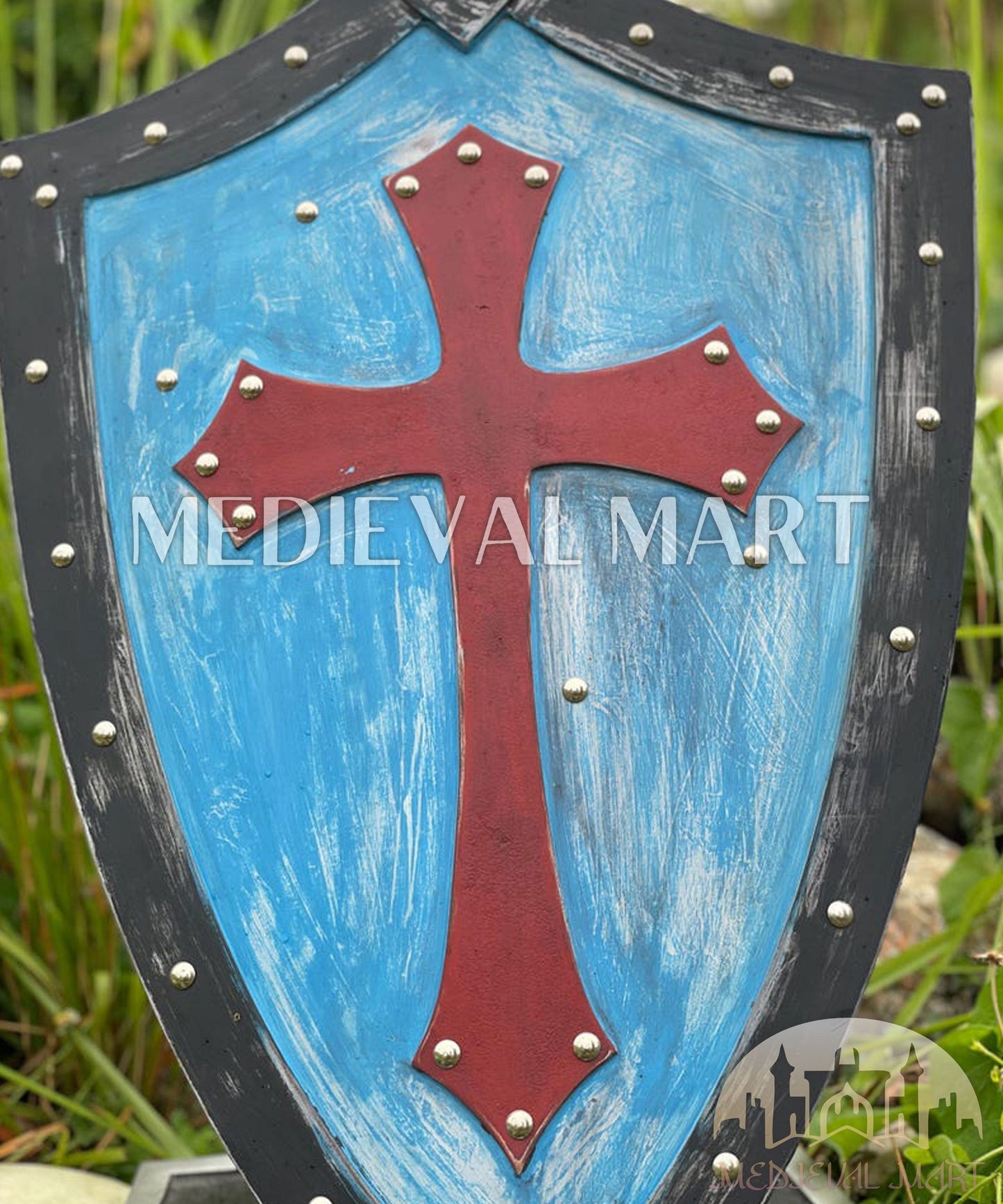 MEDIEVALMART FR Bouclier Médiéval Templier Inspiré de la Croix Zelda & Diable en Bois – Finition Bleue & Or | Cadeau pour Noël