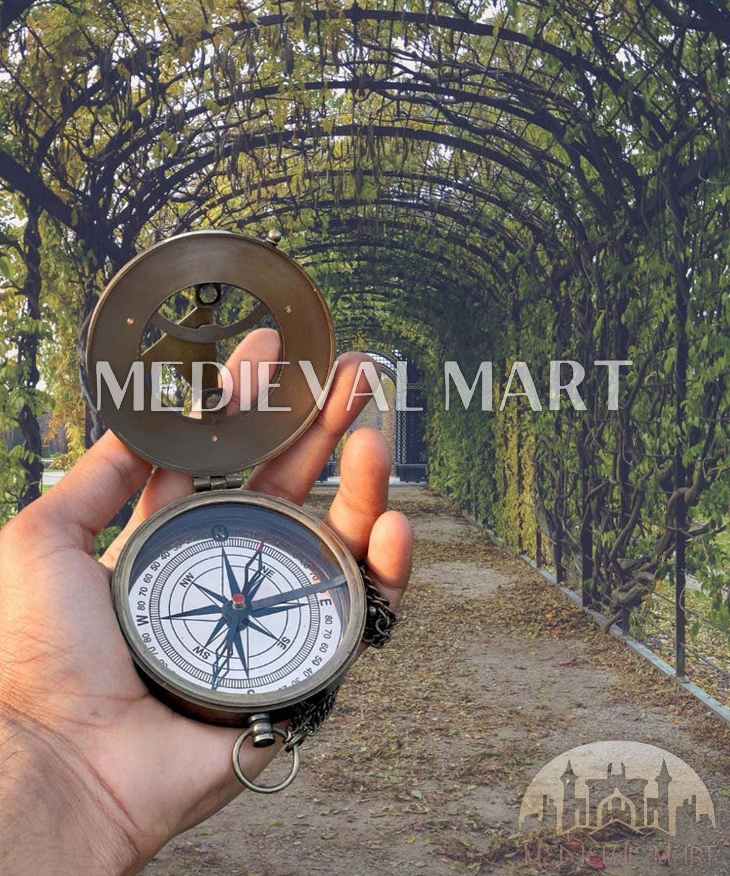 MEDIEVALMART FR Boussole Nautique Vintage Trip Gear en Laiton – Finition Or Brillant avec Base en Bois | Cadeau pour Maman