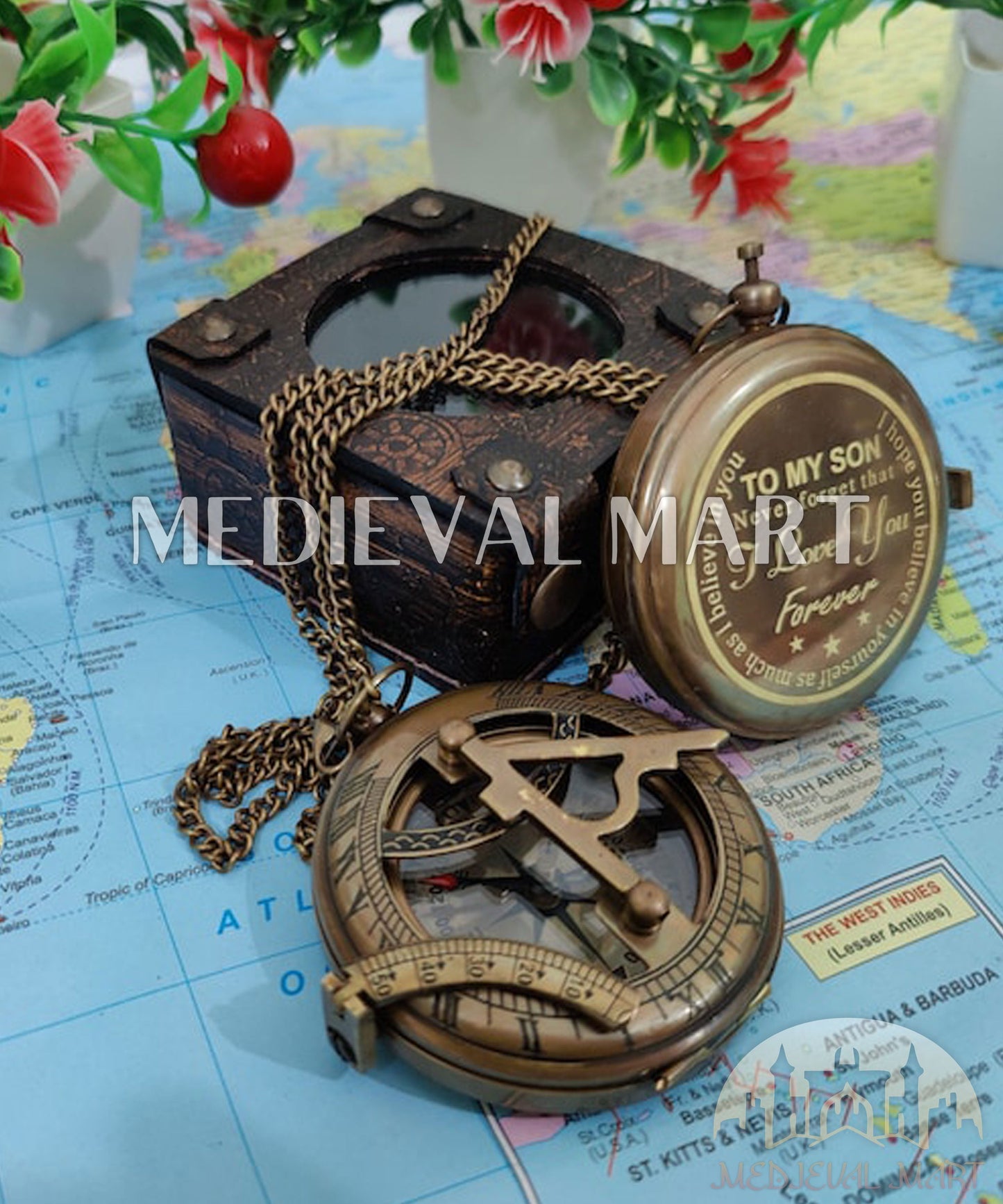 MEDIEVALMART FR Boussole Nautique Vintage Trip Gear en Laiton – Finition Or Brillant avec Base en Bois | Cadeau pour Maman