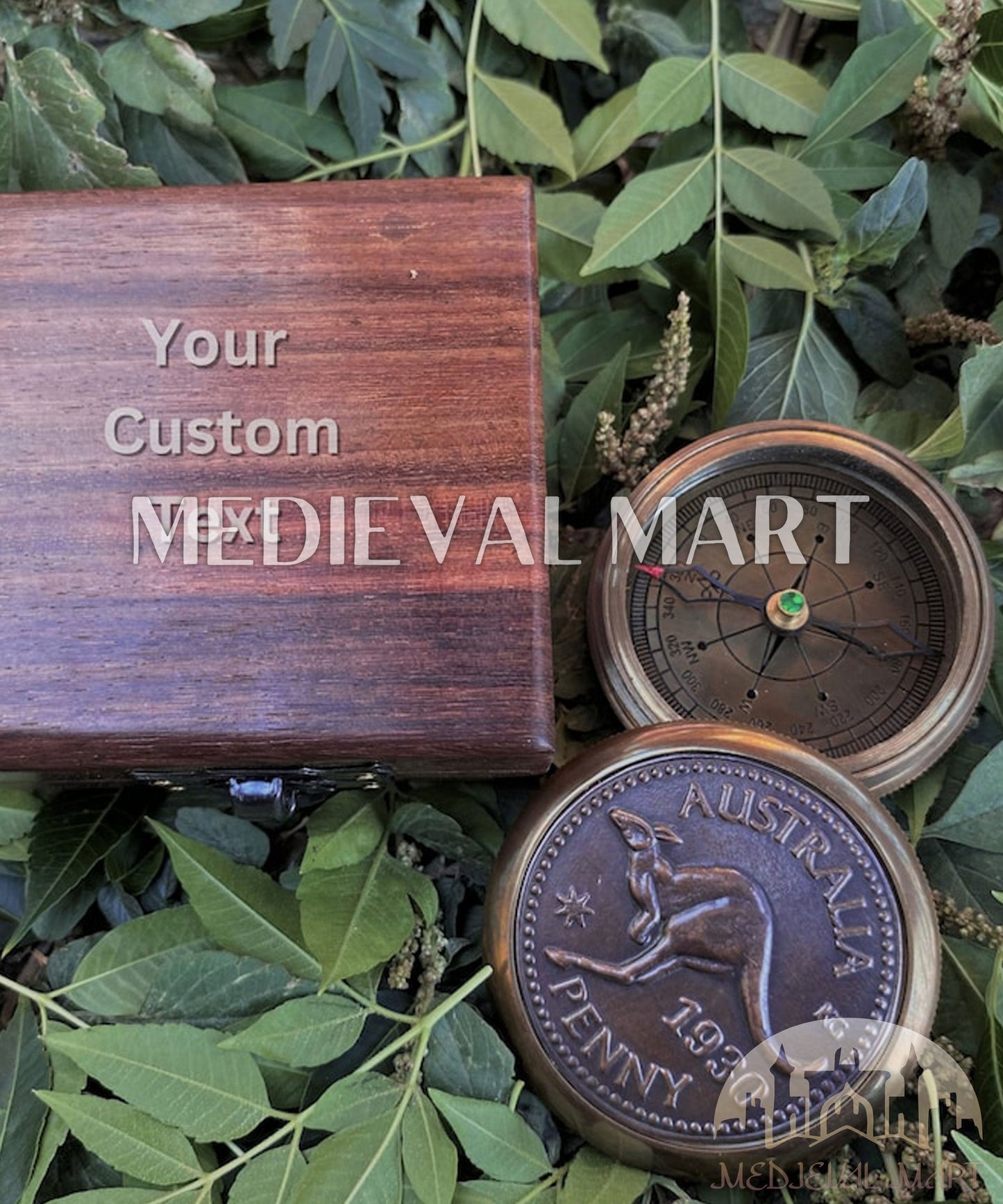 MEDIEVALMART FR Boussole Nautique Vintage Trip Gear en Laiton – Finition Or Brillant avec Base en Bois | Cadeau pour Maman