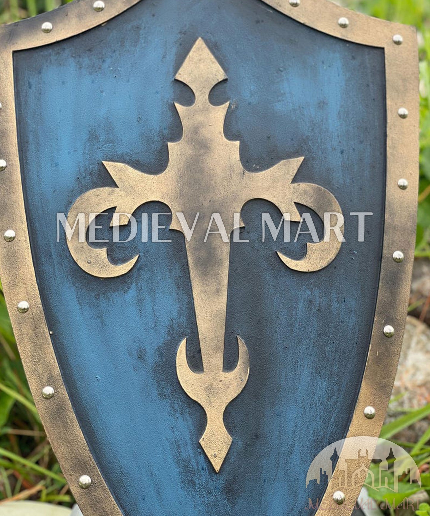 MEDIEVALMART FR Bouclier Médiéval Templier Inspiré de la Croix Zelda & Diable en Bois – Finition Bleue & Or | Cadeau pour Noël