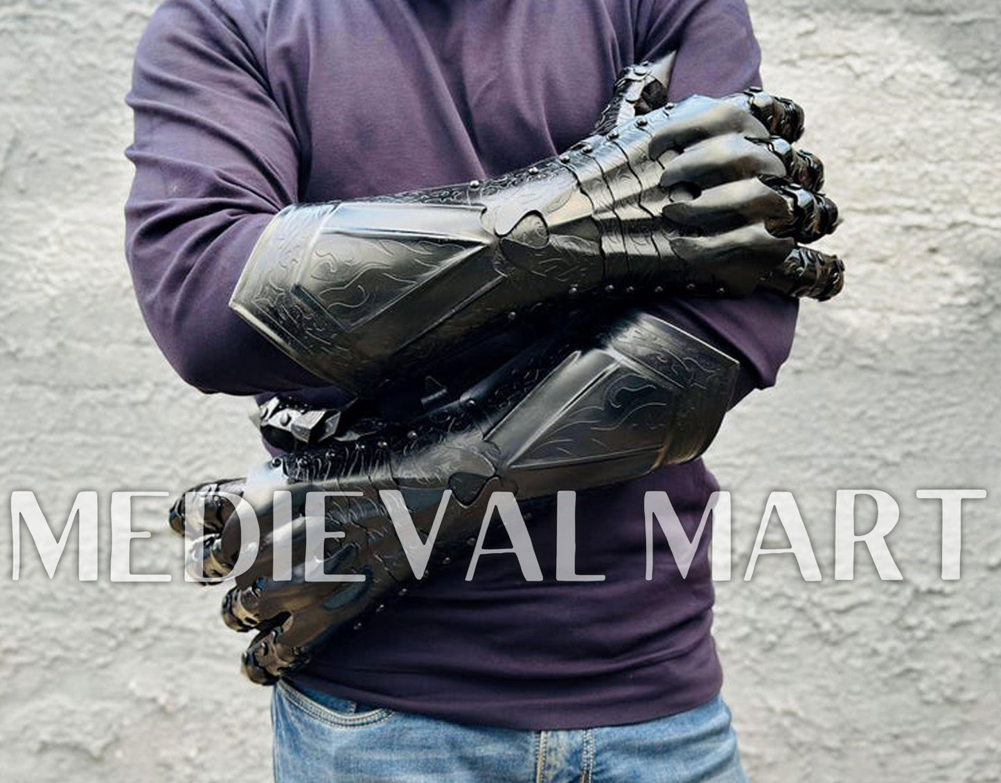 MEDIEVALMART FR Ensemble De Gantelets Dorés Inspirés De Sauron Witcher LOTR Avec Étoile Bleue – Gants D’Armure Cosplay