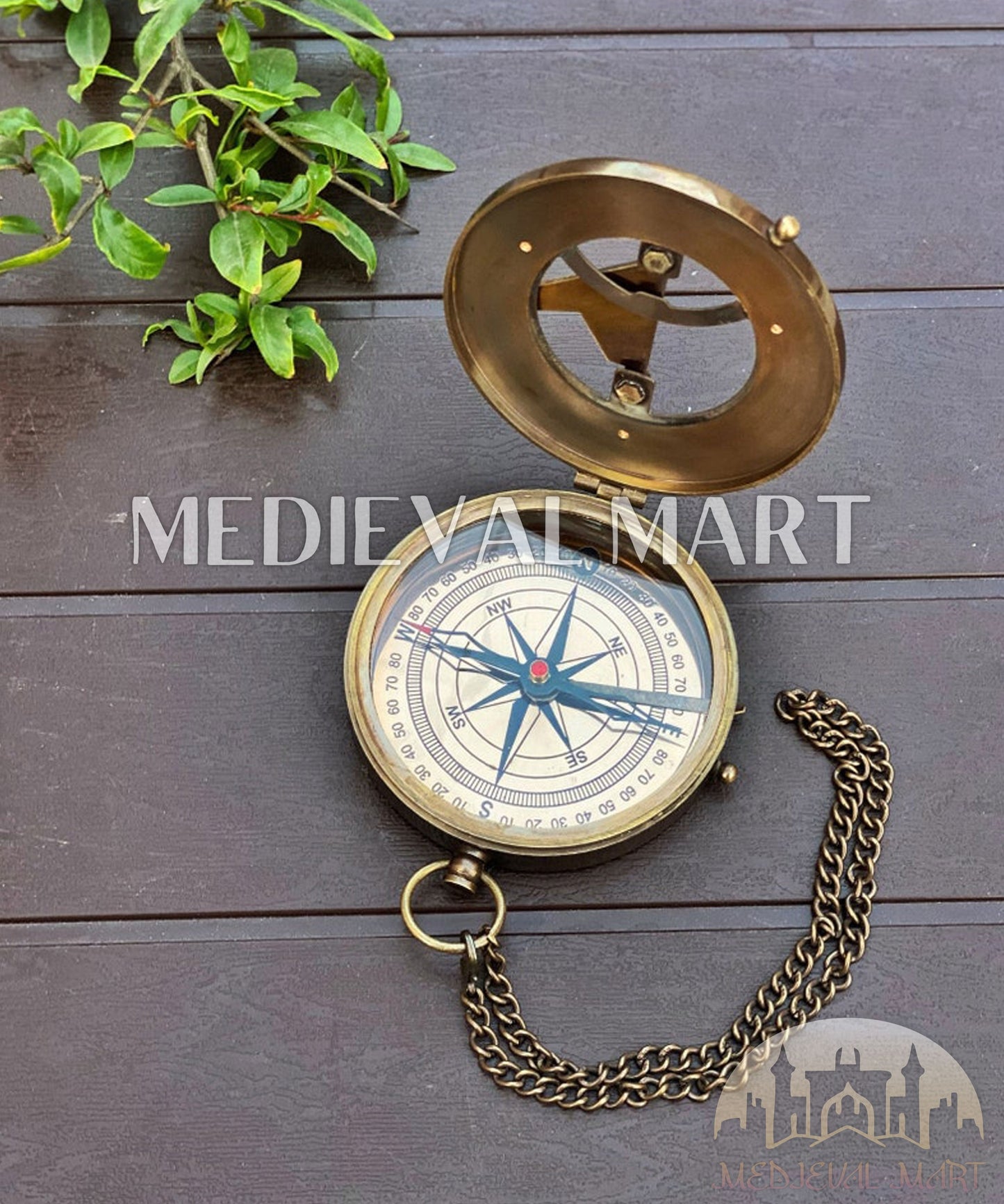 MEDIEVALMART FR Boussole Nautique Vintage Trip Gear en Laiton – Finition Or Brillant avec Base en Bois | Cadeau pour Maman