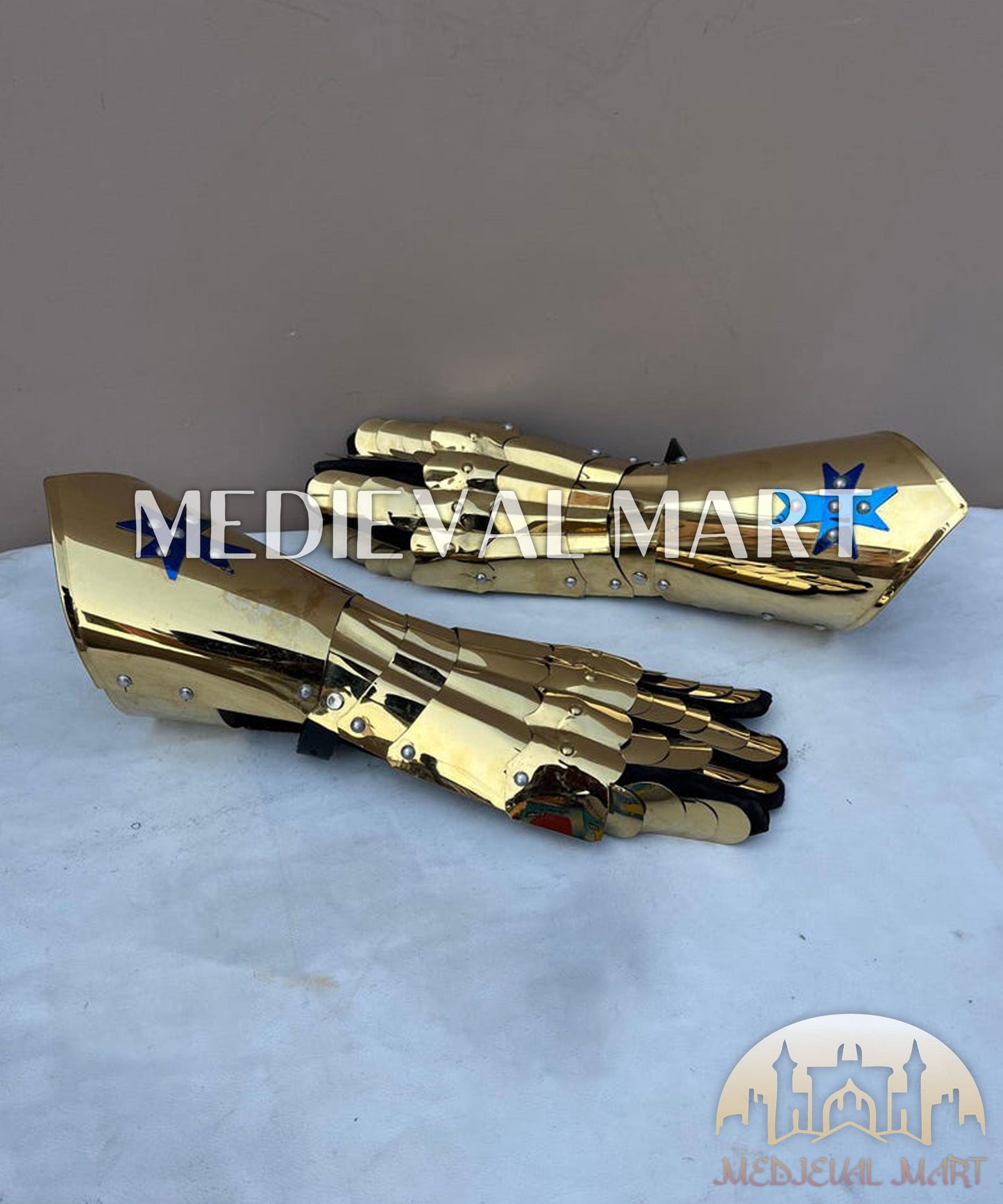 MEDIEVALMART FR Ensemble De Gantelets Dorés Inspirés De Sauron Witcher LOTR Avec Étoile Bleue – Gants D’Armure Cosplay