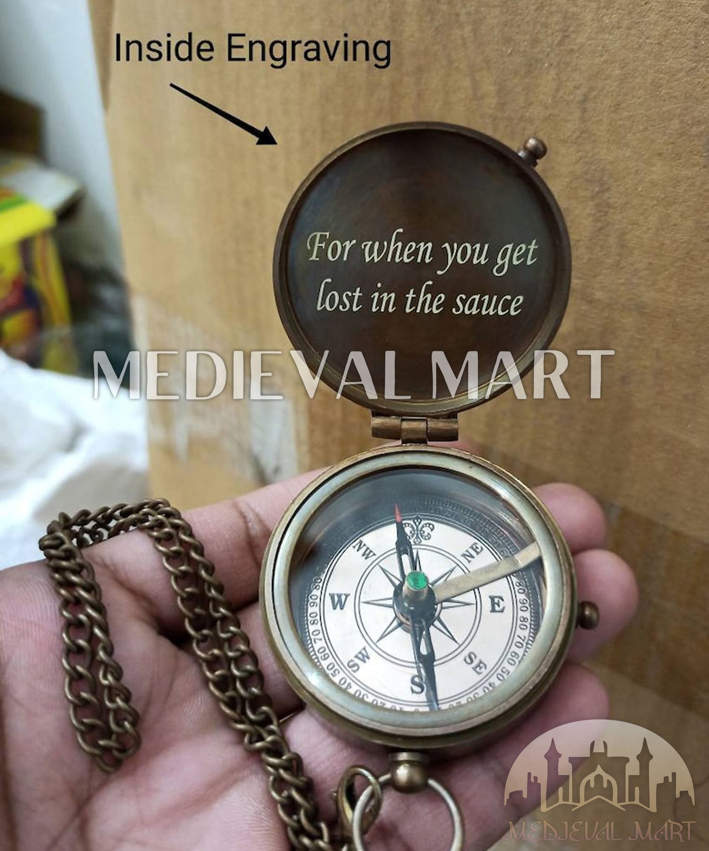 MEDIEVALMART FR Boussole Nautique Vintage Trip Gear en Laiton – Finition Or Brillant avec Base en Bois | Cadeau pour Maman