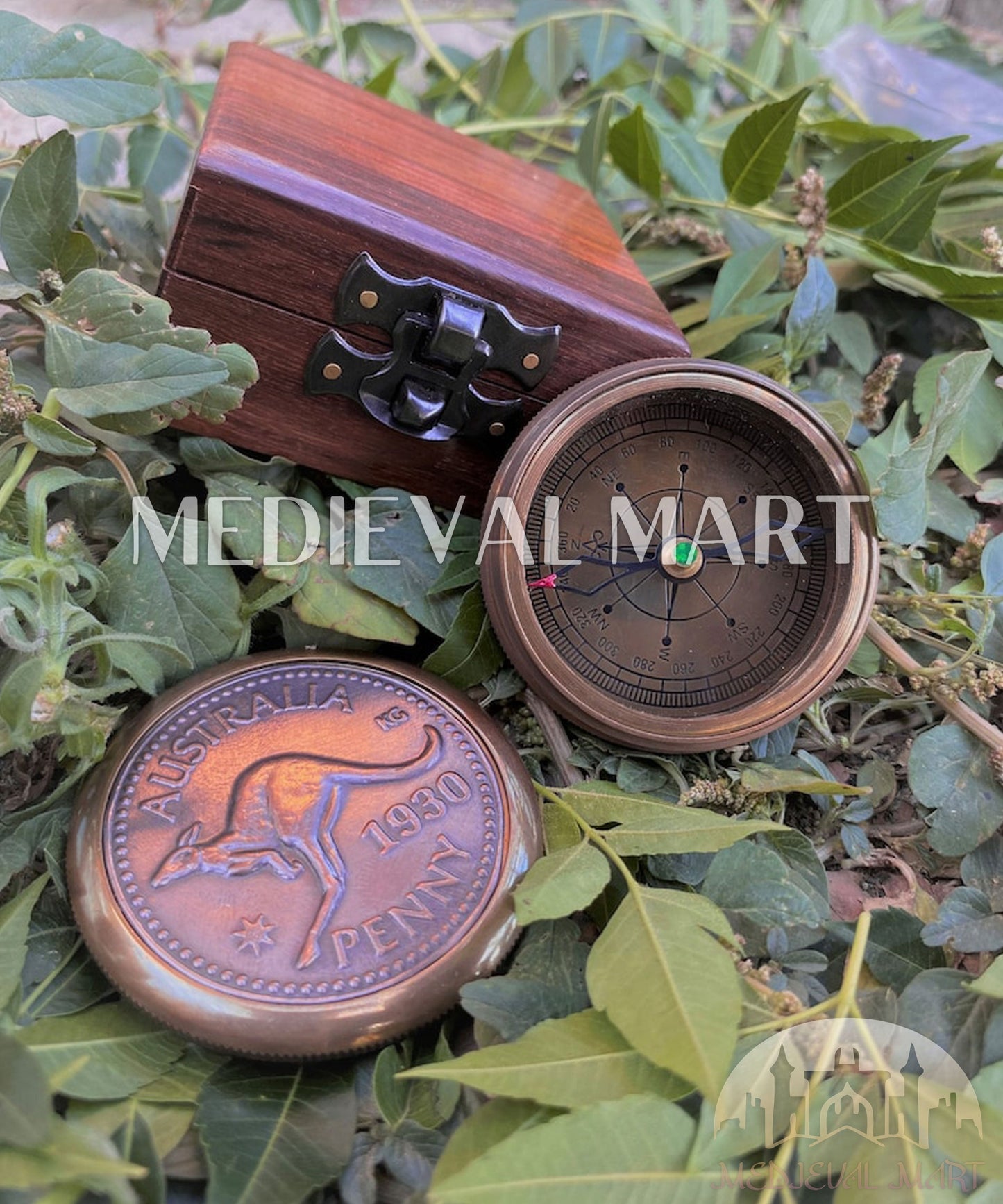 MEDIEVALMART FR Boussole Nautique Vintage Trip Gear en Laiton – Finition Or Brillant avec Base en Bois | Cadeau pour Maman