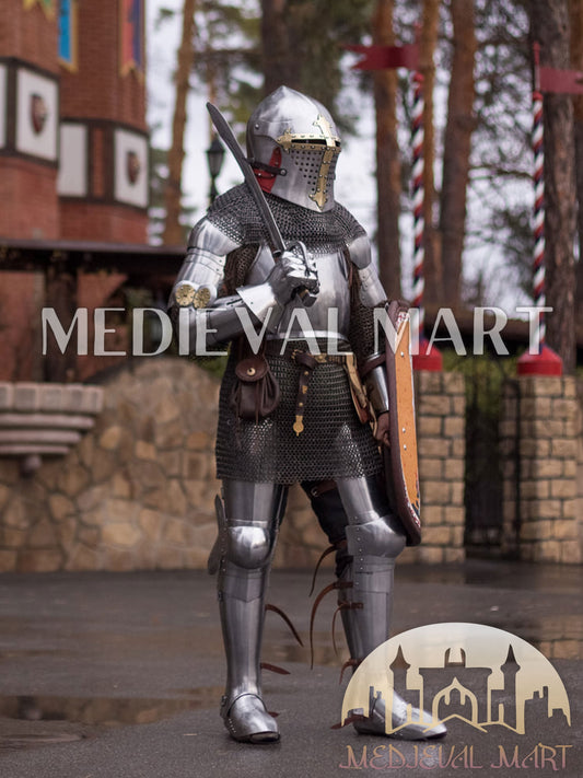 MEDIEVALMART FR Armure de Combat du XIVe Siècle – Ensemble Complet d’Armure de Buhurt avec Bassinet Klappvisor & Épée