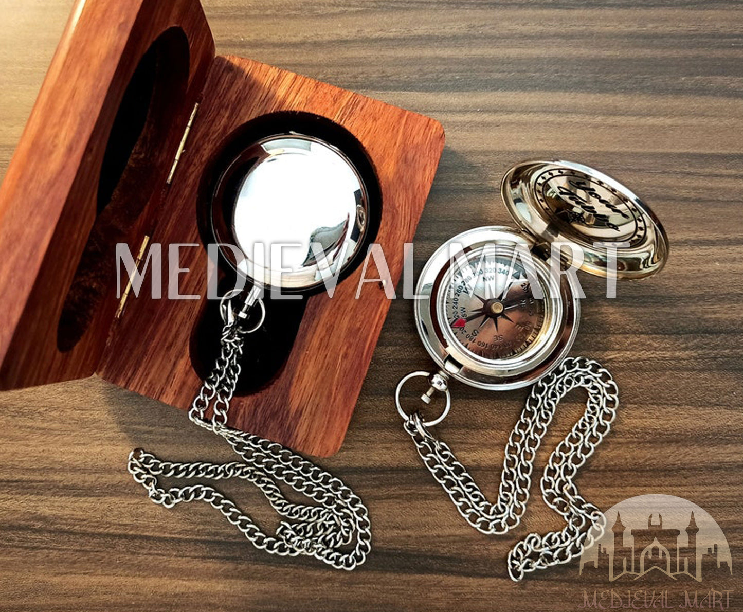 MEDIEVALMART FR Boussole Nautique Vintage Trip Gear en Laiton – Finition Or Brillant avec Base en Bois | Cadeau pour Maman