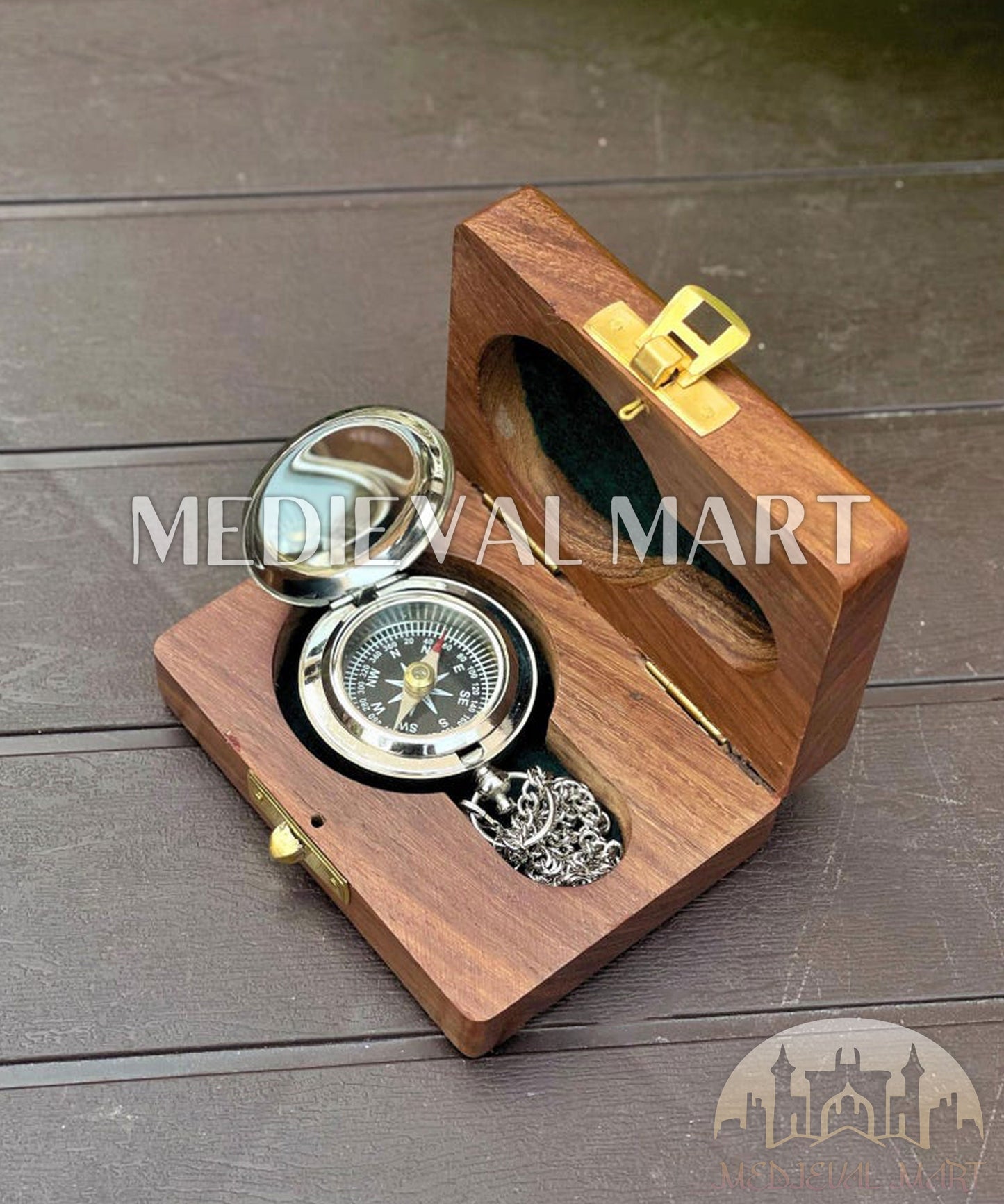 MEDIEVALMART FR Boussole Nautique Vintage Trip Gear en Laiton – Finition Or Brillant avec Base en Bois | Cadeau pour Maman