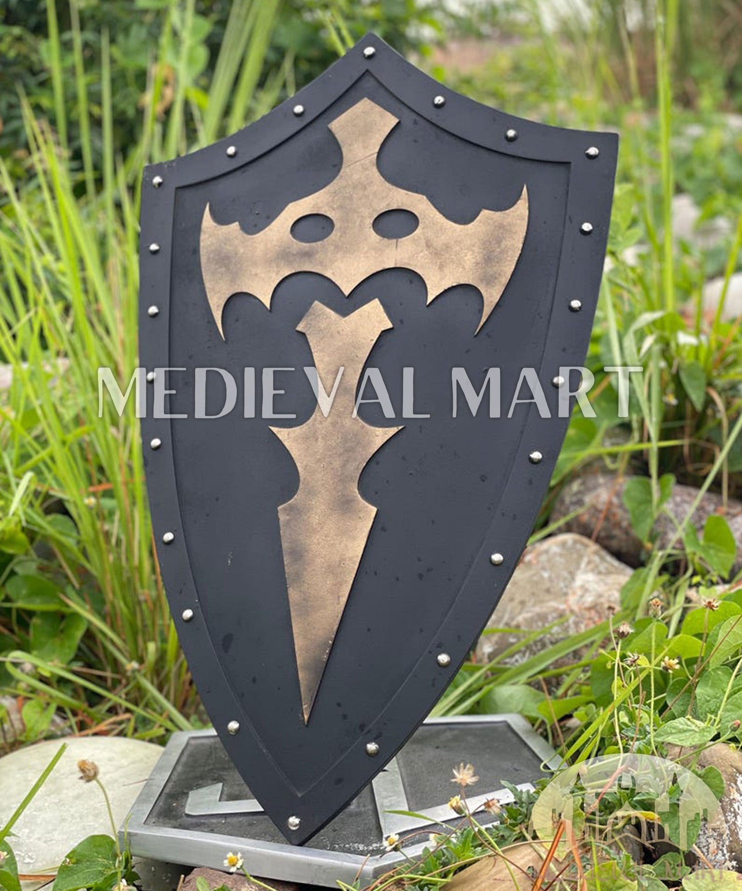 MEDIEVALMART FR Bouclier Médiéval Templier Inspiré de la Croix Zelda & Diable en Bois – Finition Bleue & Or | Cadeau pour Noël