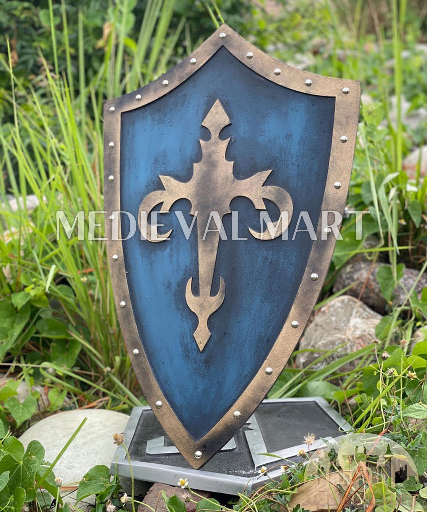 MEDIEVALMART FR Bouclier Médiéval Templier Inspiré de la Croix Zelda & Diable en Bois – Finition Bleue & Or | Cadeau pour Noël