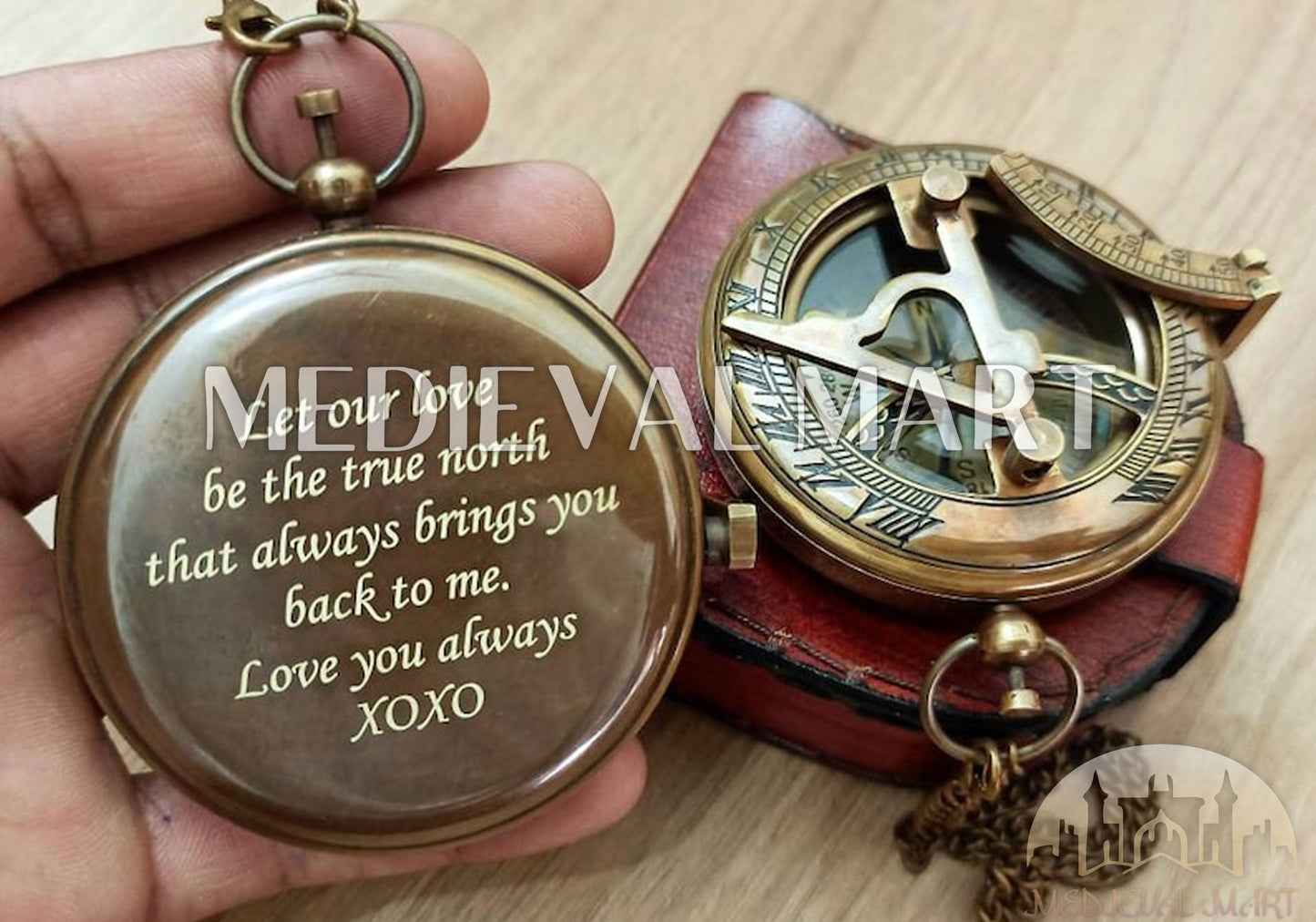 MEDIEVALMART FR Boussole Nautique Vintage Trip Gear en Laiton – Finition Or Brillant avec Base en Bois | Cadeau pour Maman