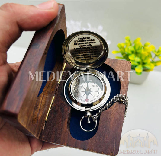 MEDIEVALMART FR Boussole Nautique Vintage Trip Gear en Laiton – Finition Or Brillant avec Base en Bois | Cadeau pour Maman