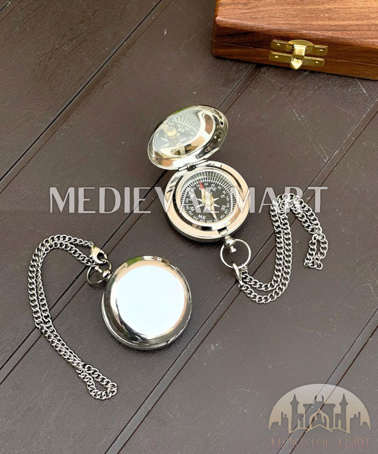 MEDIEVALMART FR Boussole Nautique Vintage Trip Gear en Laiton – Finition Or Brillant avec Base en Bois | Cadeau pour Maman