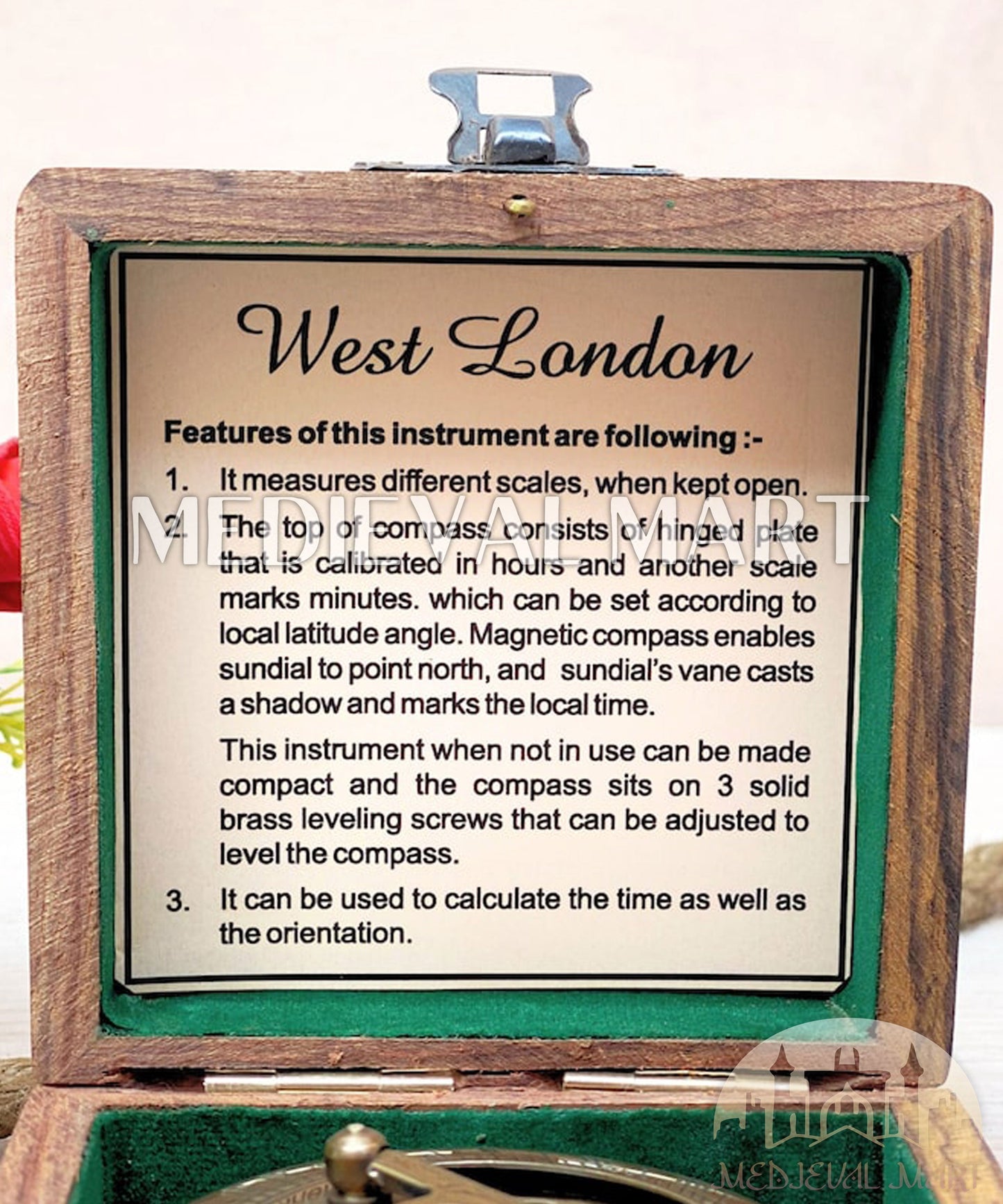 MEDIEVALMART FR Boussole Nautique Vintage Trip Gear en Laiton – Finition Or Brillant avec Base en Bois | Cadeau pour Maman