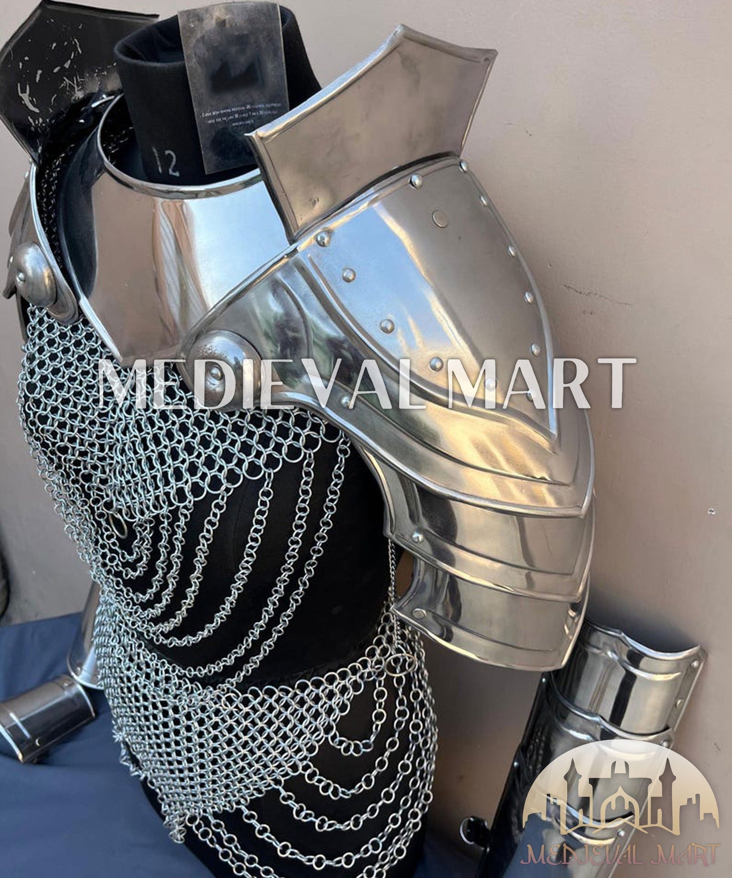 MEDIEVALMART FR Bouclier Viking Iconique Valhalla Noir/Gris – Ivar le Désossé avec Pointes en Fer | Cadeau pour Papa