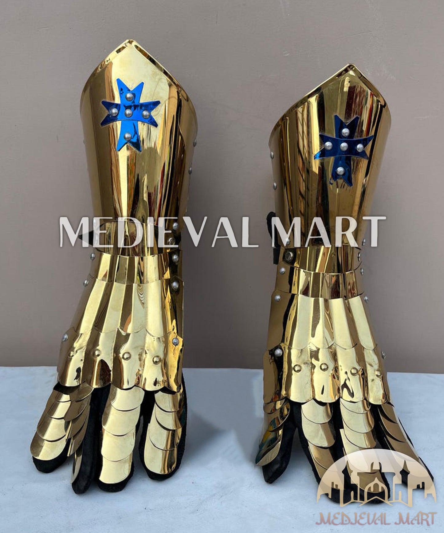 MEDIEVALMART FR Ensemble De Gantelets Dorés Inspirés De Sauron Witcher LOTR Avec Étoile Bleue – Gants D’Armure Cosplay