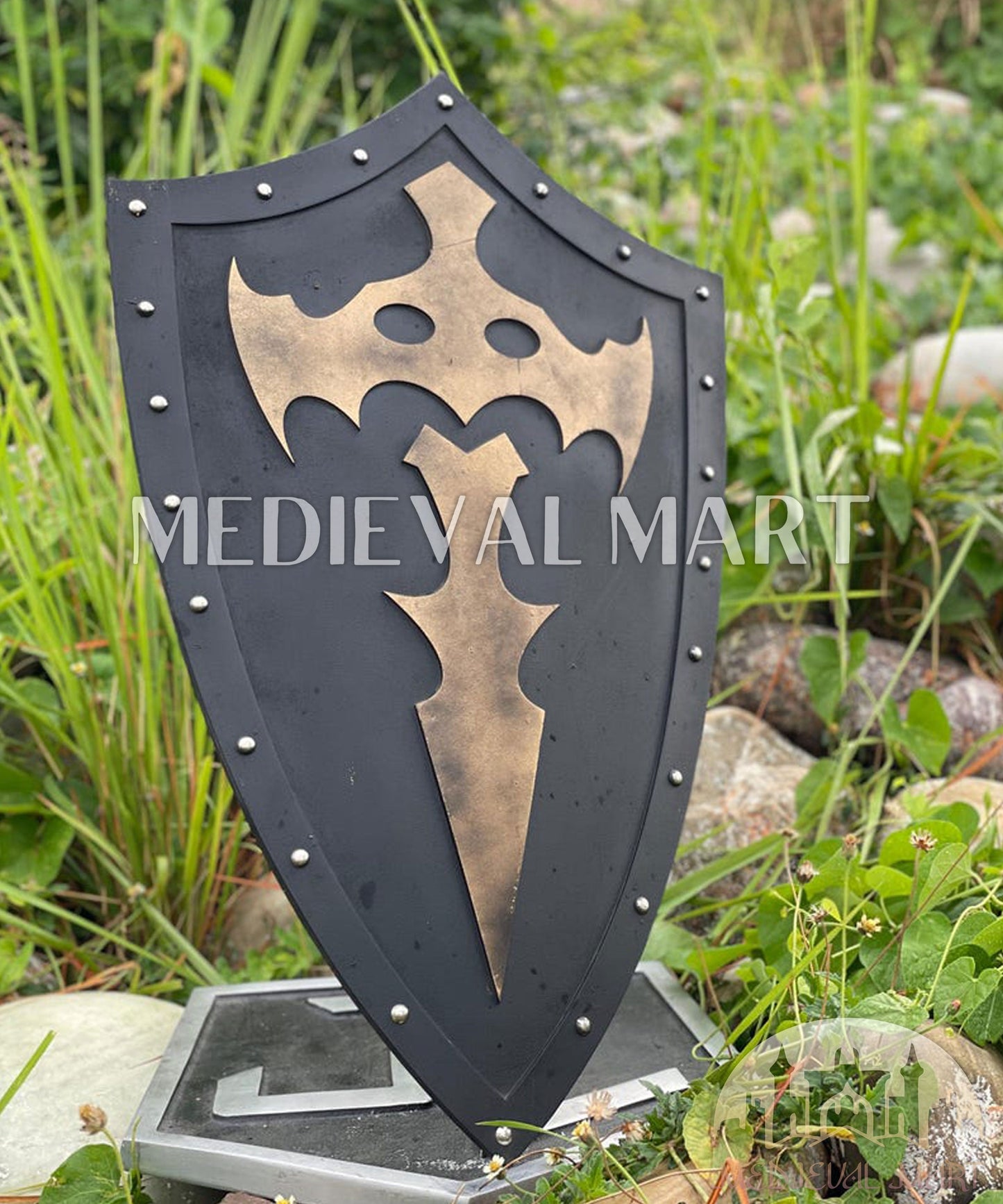 MEDIEVALMART FR Bouclier Médiéval Templier Inspiré de la Croix Zelda & Diable en Bois – Finition Bleue & Or | Cadeau pour Noël