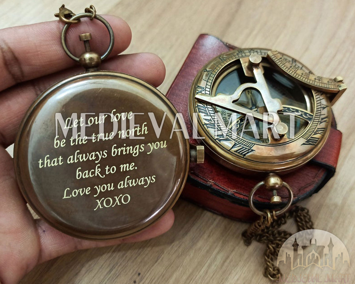 MEDIEVALMART FR Boussole Nautique Vintage Trip Gear en Laiton – Finition Or Brillant avec Base en Bois | Cadeau pour Maman