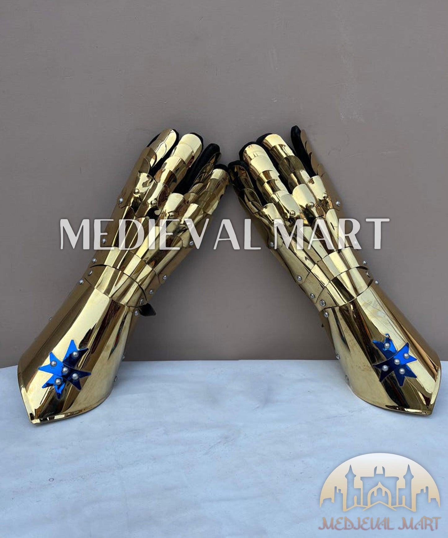 MEDIEVALMART FR Ensemble De Gantelets Dorés Inspirés De Sauron Witcher LOTR Avec Étoile Bleue – Gants D’Armure Cosplay