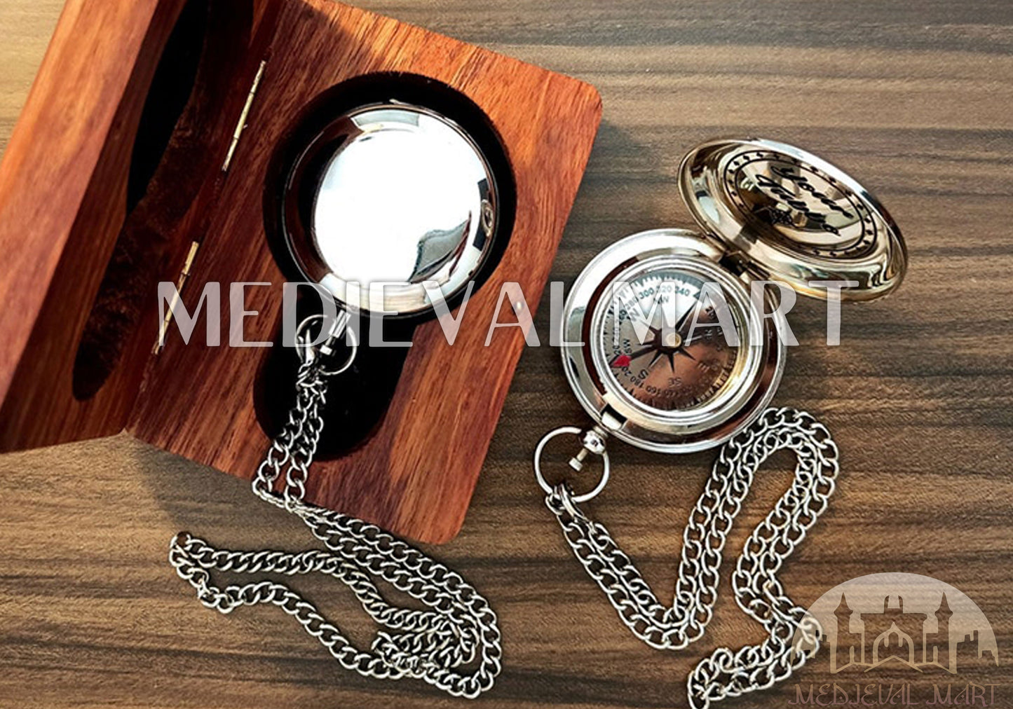 MEDIEVALMART FR Boussole Nautique Vintage Trip Gear en Laiton – Finition Or Brillant avec Base en Bois | Cadeau pour Maman