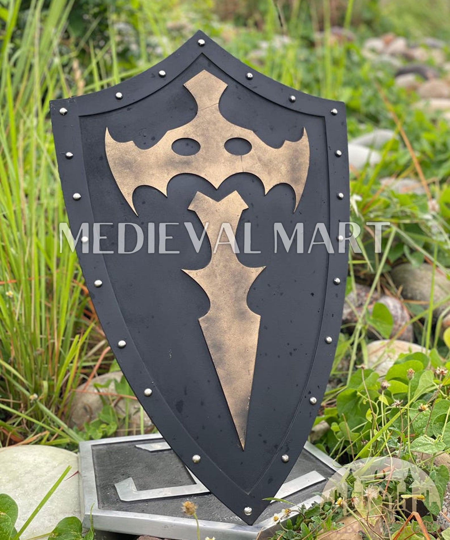 MEDIEVALMART FR Bouclier Médiéval Templier Inspiré de la Croix Zelda & Diable en Bois – Finition Bleue & Or | Cadeau pour Noël