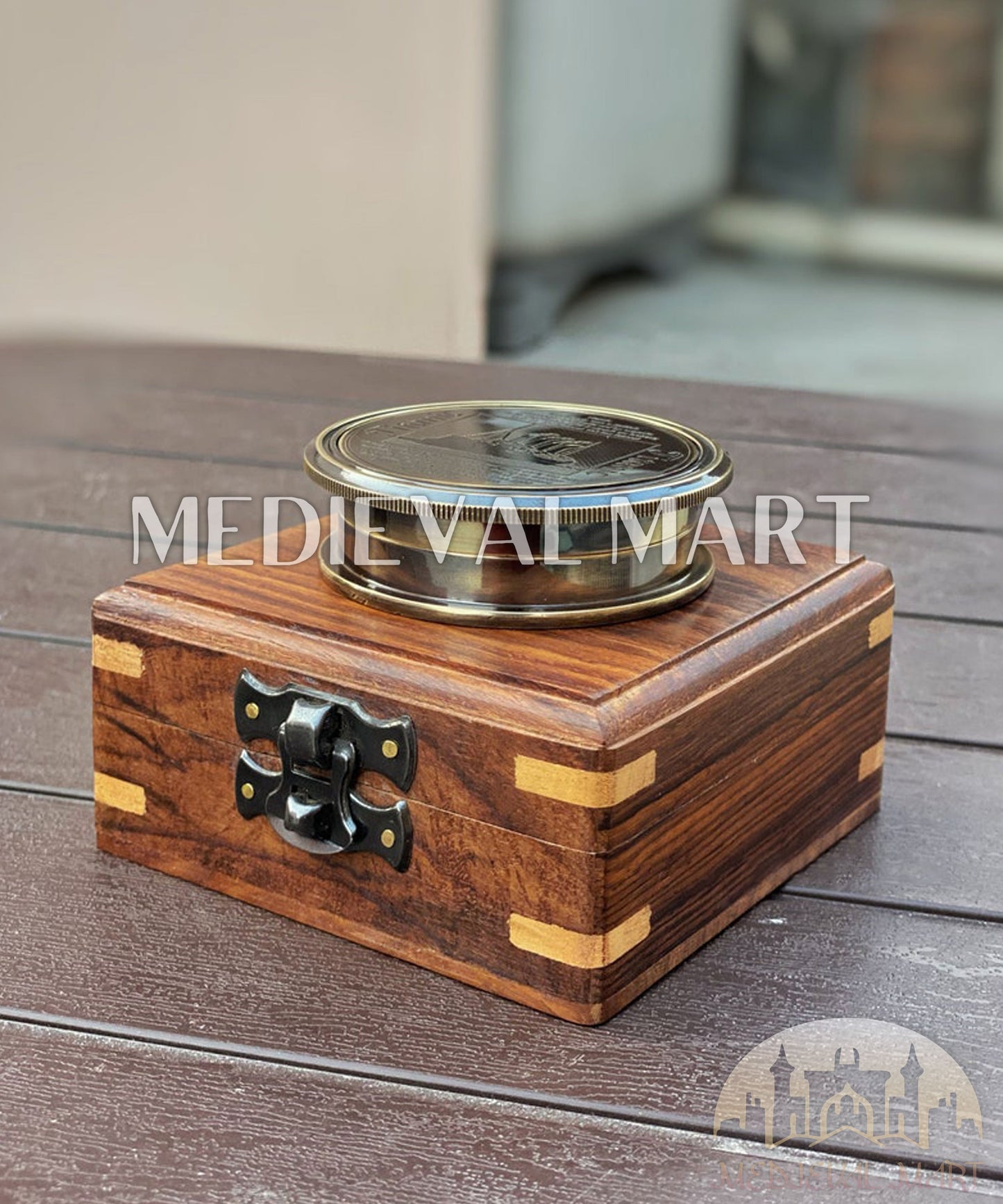 MEDIEVALMART FR Boussole Nautique Vintage Trip Gear en Laiton – Finition Or Brillant avec Base en Bois | Cadeau pour Maman