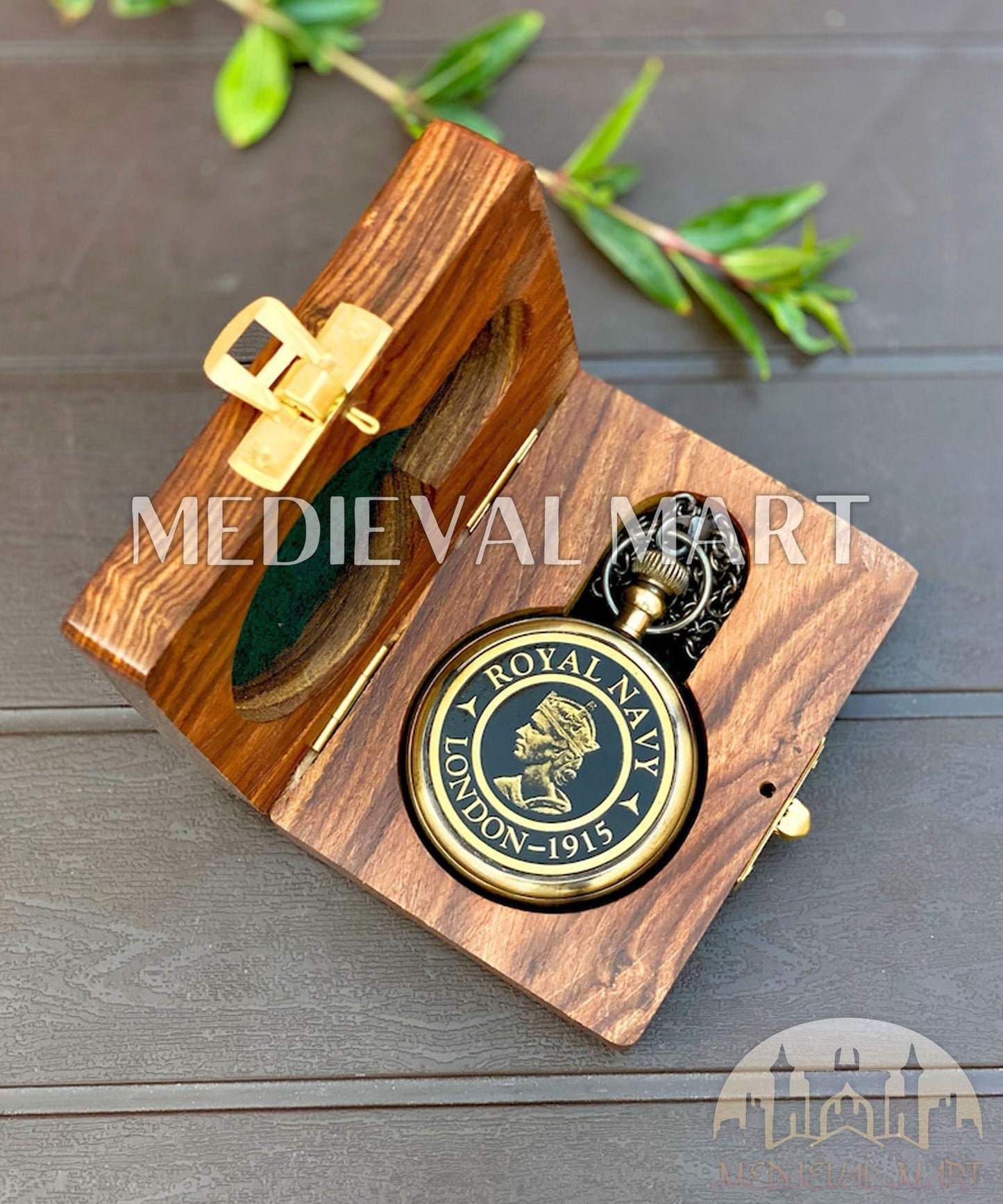 MEDIEVALMART FR Boussole Nautique Vintage Trip Gear en Laiton – Finition Or Brillant avec Base en Bois | Cadeau pour Maman