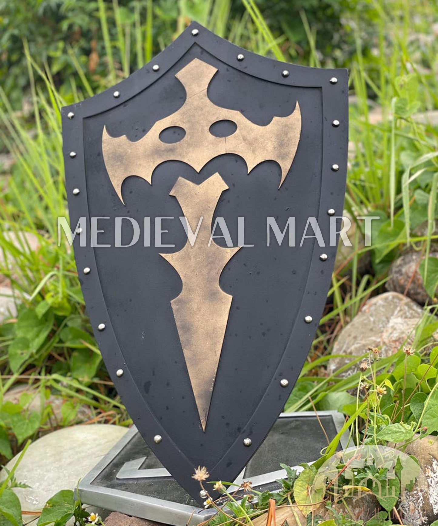 MEDIEVALMART FR Bouclier Médiéval Templier Inspiré de la Croix Zelda & Diable en Bois – Finition Bleue & Or | Cadeau pour Noël