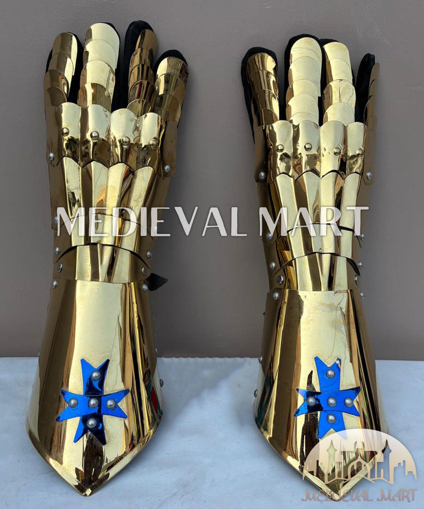 MEDIEVALMART FR Ensemble De Gantelets Dorés Inspirés De Sauron Witcher LOTR Avec Étoile Bleue – Gants D’Armure Cosplay