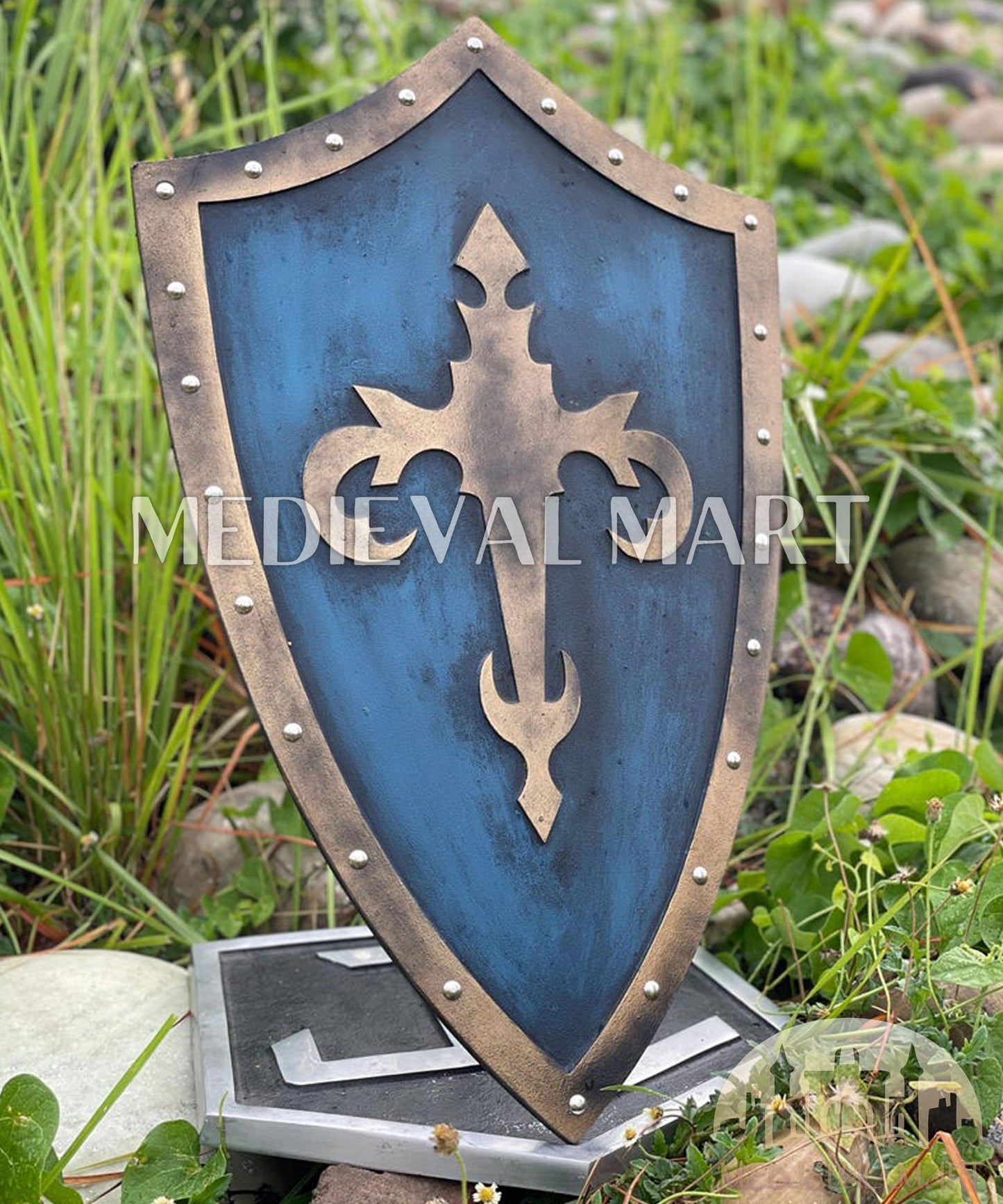 MEDIEVALMART FR Bouclier Médiéval Templier Inspiré de la Croix Zelda & Diable en Bois – Finition Bleue & Or | Cadeau pour Noël