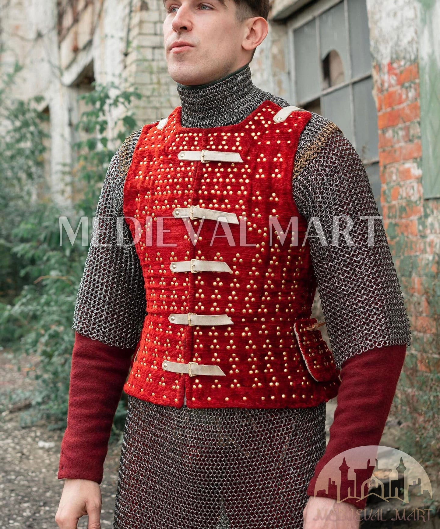 MEDIEVALMART  Édition Combo Renaissance – Brigandine PREMIUM Rouge “MOAB” avec Chemise de Mailles Rivetées