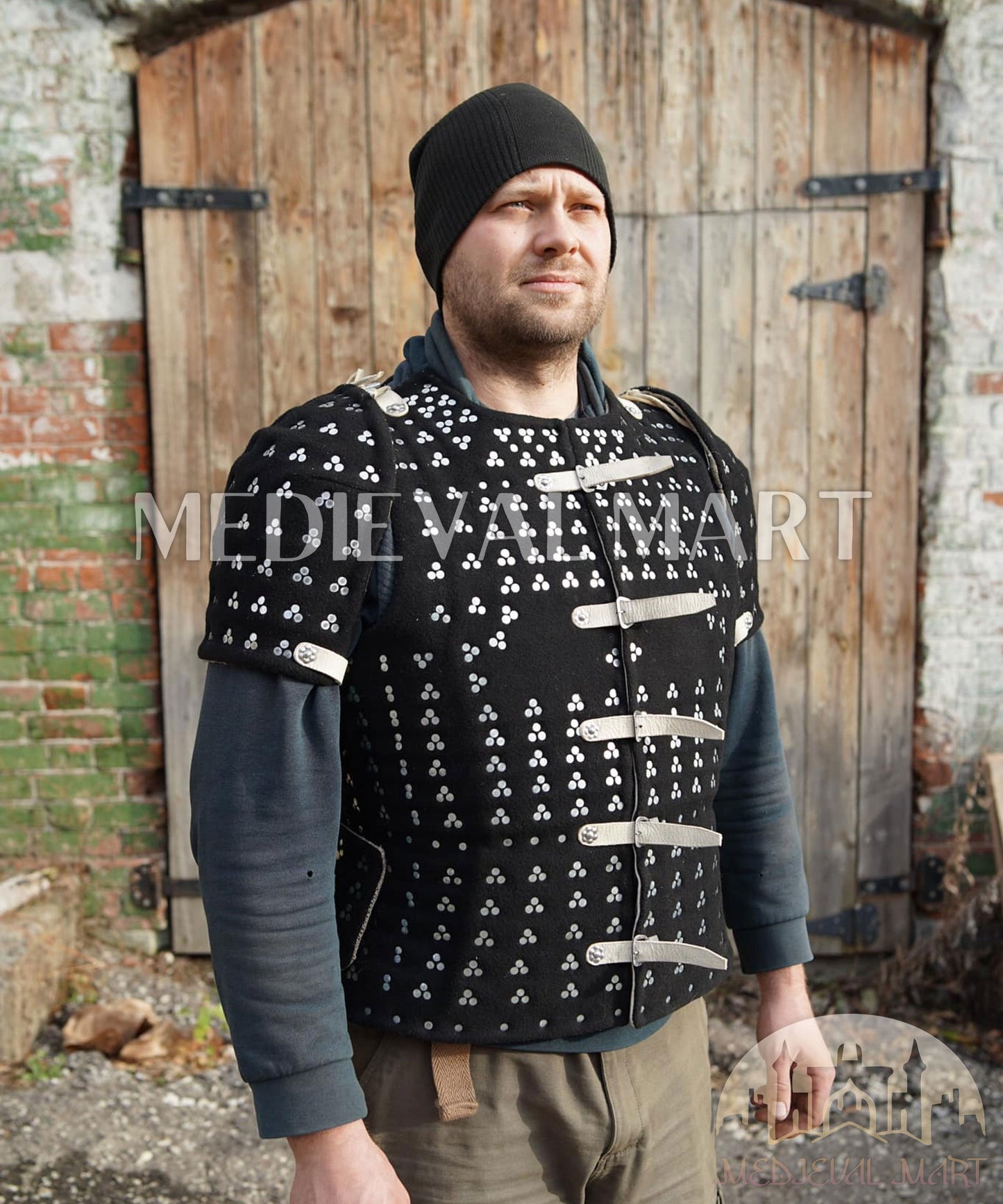 MEDIEVALMART  Armure Brigandine Historique de la Renaissance – PREMIUM Noir – Veste avec Épaulières de Brigandine