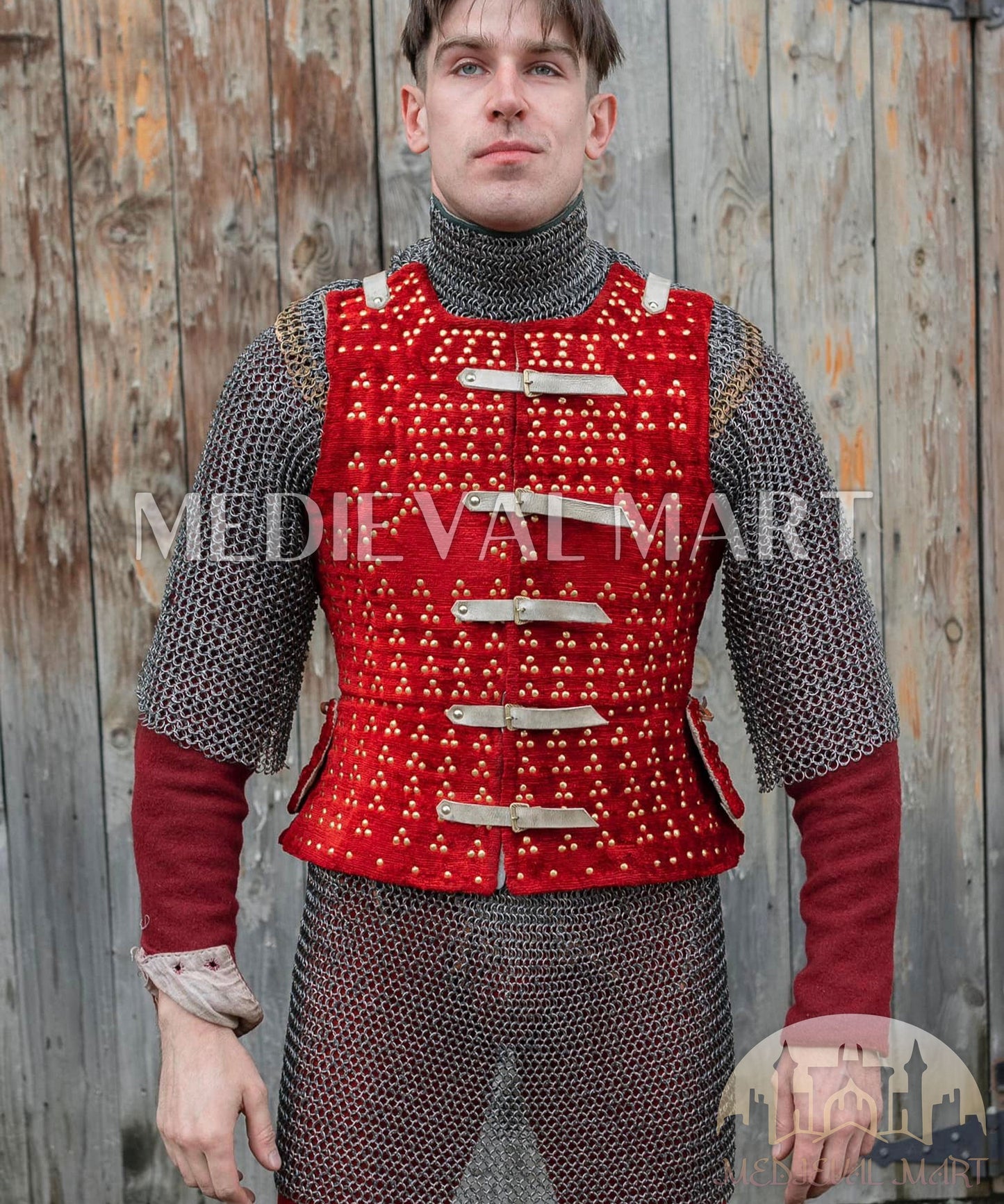 MEDIEVALMART  Édition Combo Renaissance – Brigandine PREMIUM Rouge “MOAB” avec Chemise de Mailles Rivetées